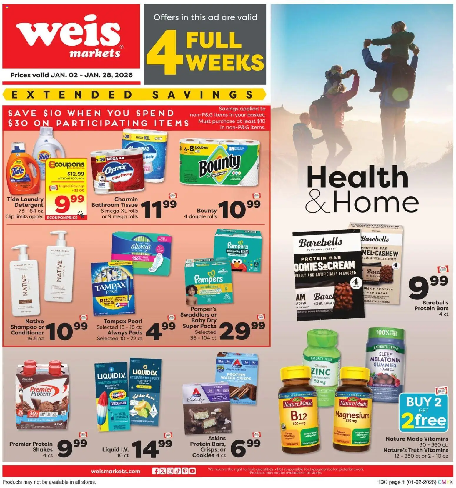 Ad Preview of Weis Health & Home from 01/02/2026 - Cookies, Magnesium, Melatonin, Pads, Zinc, Shampoo, Detergent, Conditioner