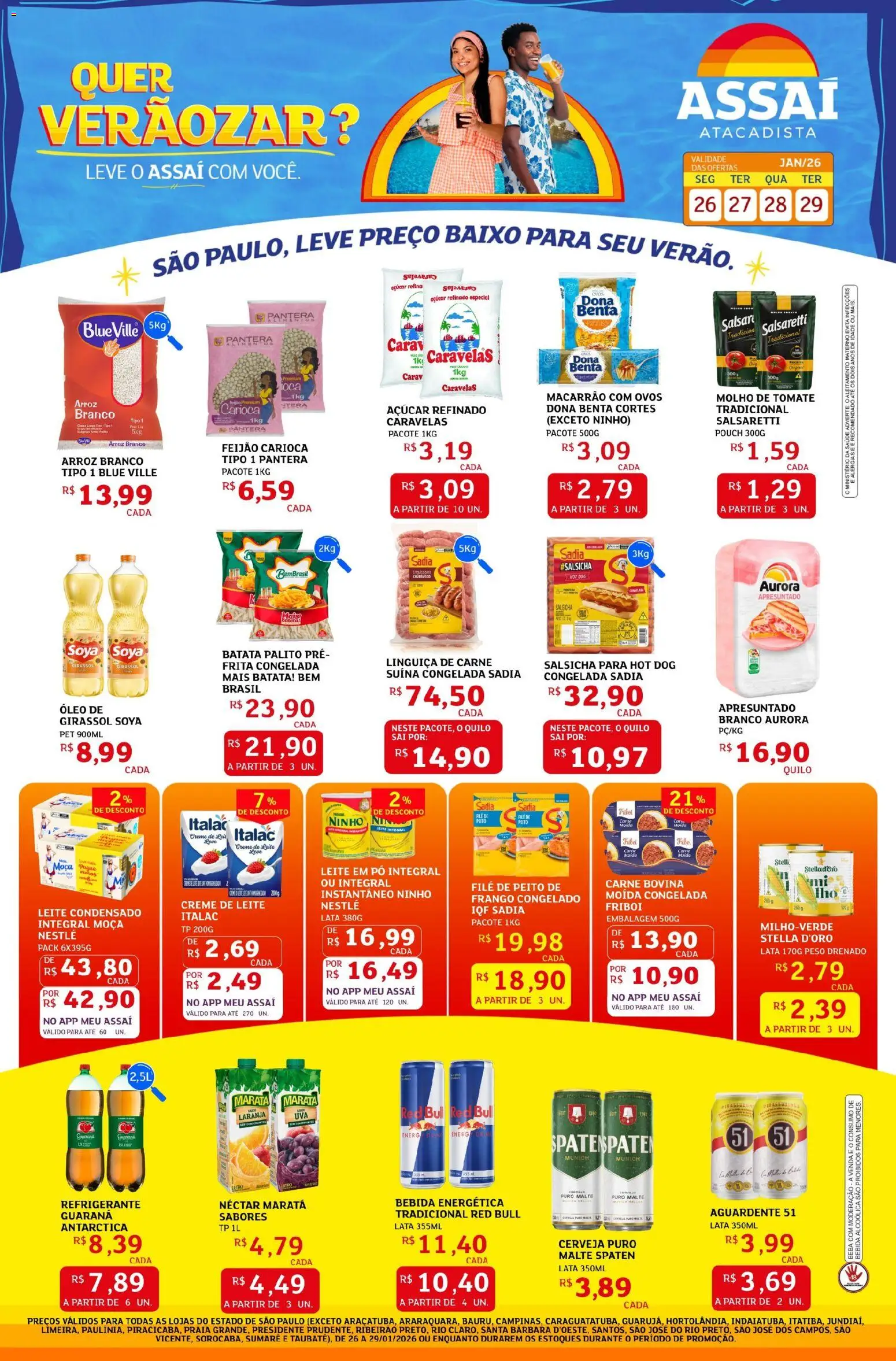 Pré-Visualização do folheto "Encarte - SP" da loja Assaí Atacadista válido a partir de 26/01/2026 - Macarrão, Arroz, Leite, Frango, Leite em pó, Linguiça, Guaraná, Bebida energética