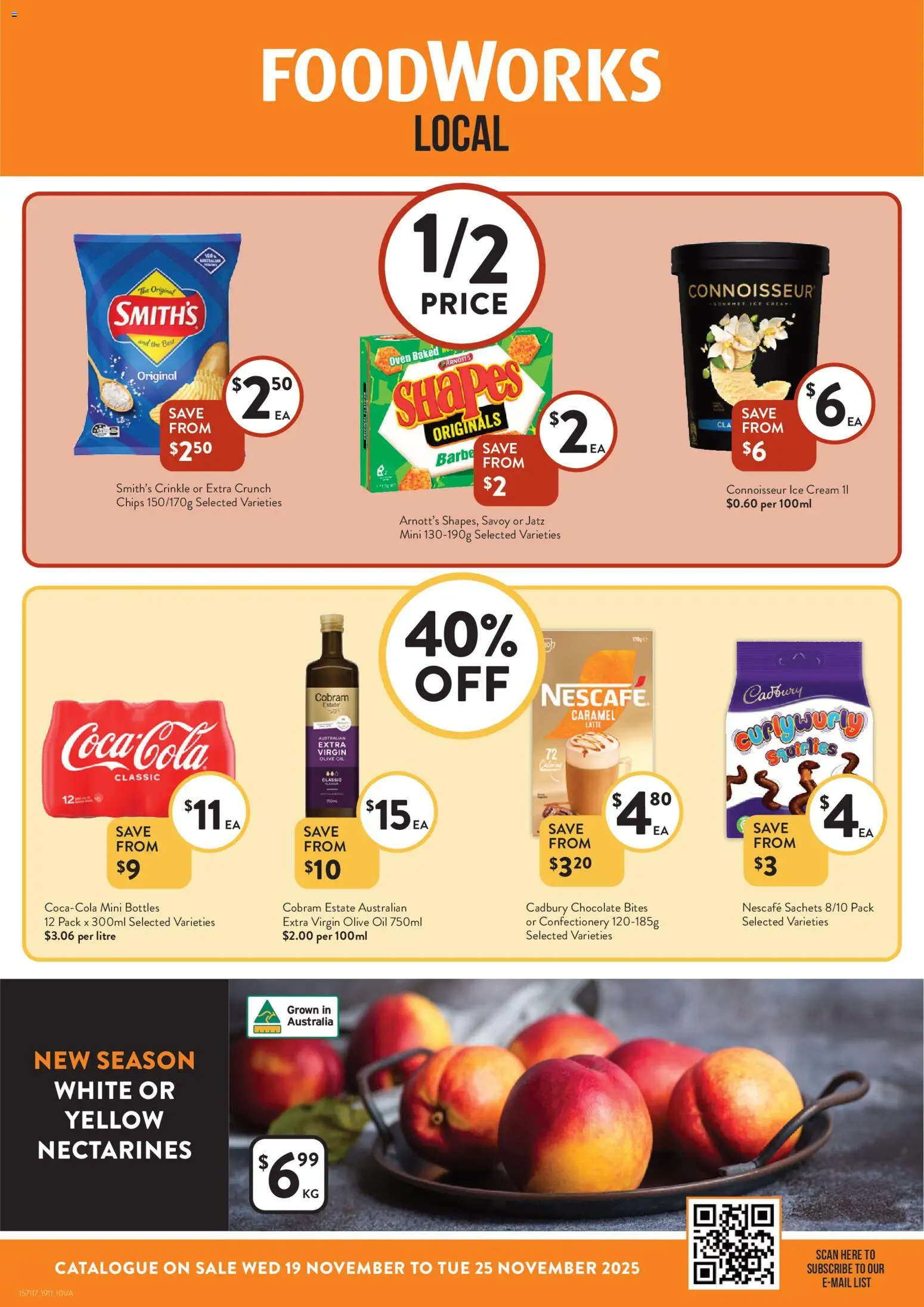 Preview of catalogue Catalogue VIC from shop Foodworks valid 19/11/2025 - Nectarines, Oil, Chips, Olive oil, Sachets, Ice cream, Ice, Extra virgin olive oil