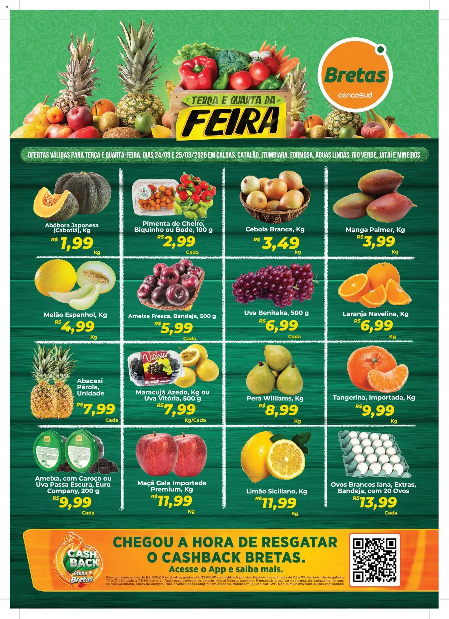 Pré-Visualização do folheto "Bretas ofertas Terça e Quarta da Feira" da loja Bretas válido a partir de 24/03/2026 - Manga, Uva, Ovos, Abóbora, Pera, Pimenta, Cebola, Uva passa