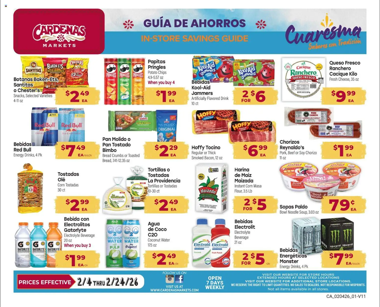 Ad Preview of Cardenas Monthly Ad from 02/04/2026 - Water, Chips, Fruit, Red Bull, Beef, Tortillas, Pork, Potato chips
