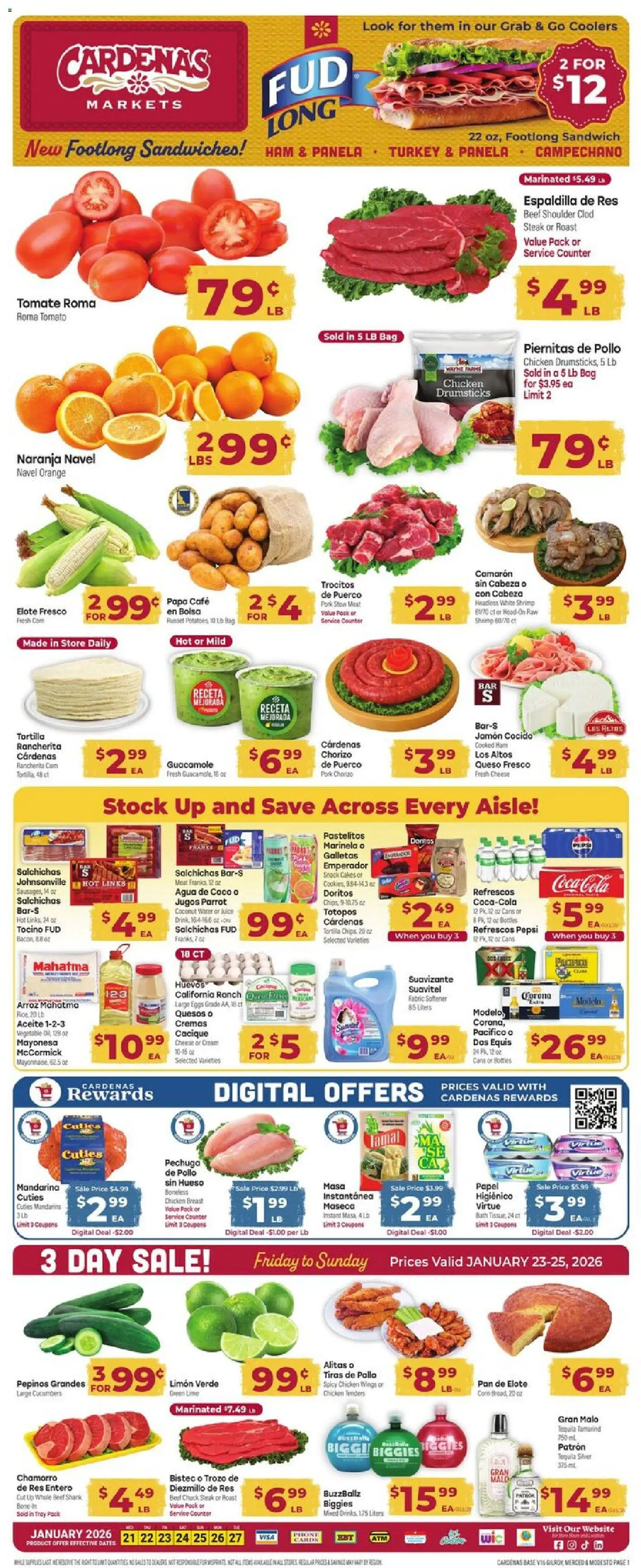 Ad Preview of Cardenas Weekly Ad from 01/21/2026 - Cheese, Juice, Meat, Rice, Pepsi, Pork, Drumsticks, Fabric softener