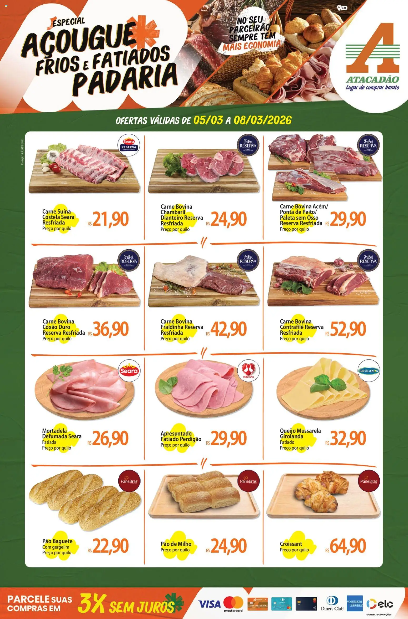 Pré-Visualização do folheto "Atacadão ofertas - GO" da loja Atacadão válido a partir de 05/03/2026 - Queijo, Carne, Milho, Fraldinha, Gergelim, Baguete, Coxão duro, Pão baguete