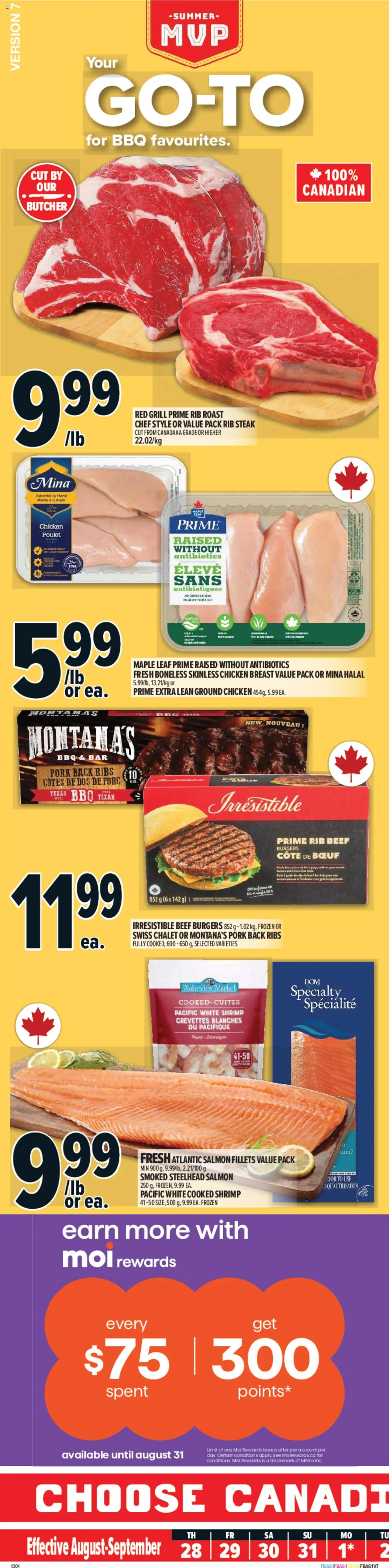 Metro flyer valid from Aug 28, 2025 - page number 1 - Burgers, Chicken, Steak, Salmon, Shrimp, Grill, Pork, Roast