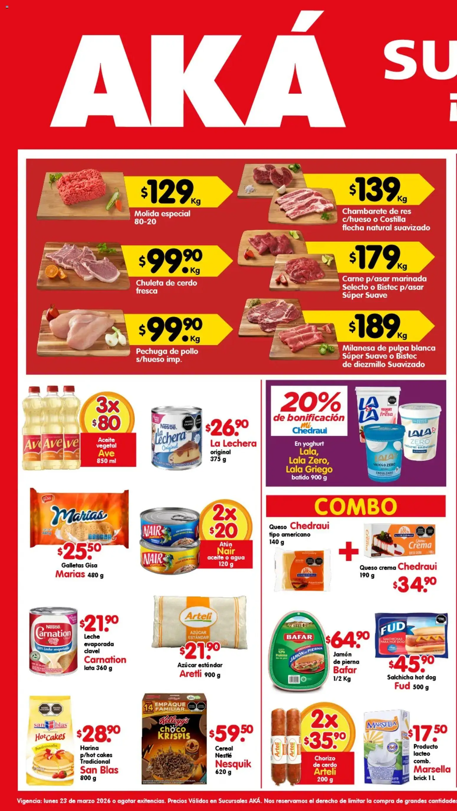 Vista previa las ofertas de la tienda Arteli - Arteli folleto Aká Superbodegas desde el 23/03/2026 - Pollo, Azúcar, Leche, Carne, Crema, Milanesa, Aceite vegetal, Chambarete de res