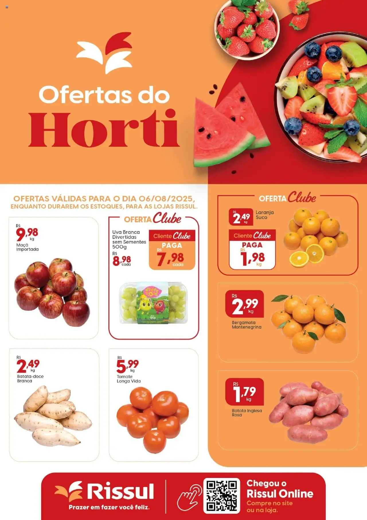 Rissul folheto "Ofertas do Horti" válido a partir de 06/08/2025 - número de página 1 - Uva, Batata, Tomate, Suco, Bergamota
