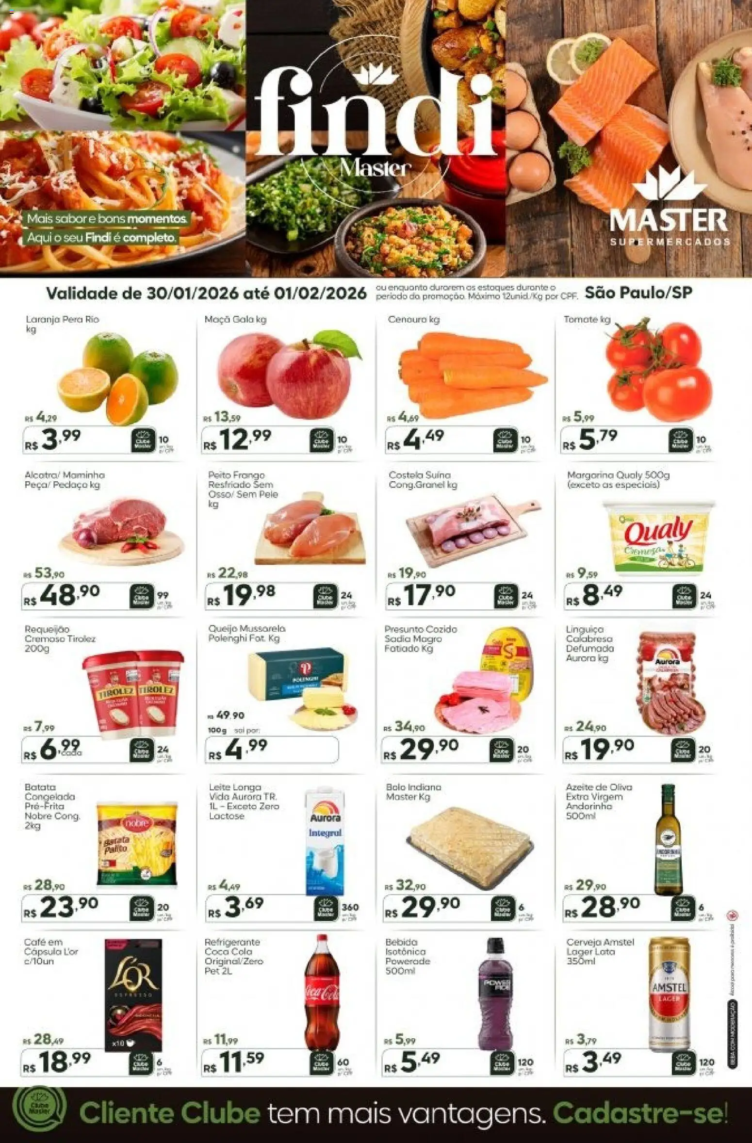 Pré-Visualização do folheto "Ofertas - SP" da loja Master válido a partir de 30/01/2026 - Bebida, Azeite, Mussarela, Cenoura, Refrigerante, Cola, Linguiça, Presunto