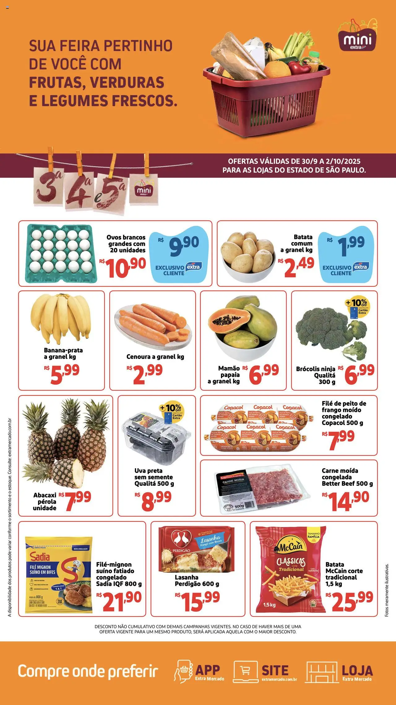 Mini Extra folheto "Ofertas Terça e Quinta" válido a partir de 30/09/2025 - número de página 1 - Ovos, Frango, Cenoura, Bacon, Carne moída, Filé mignon, Mamão, Frango moido