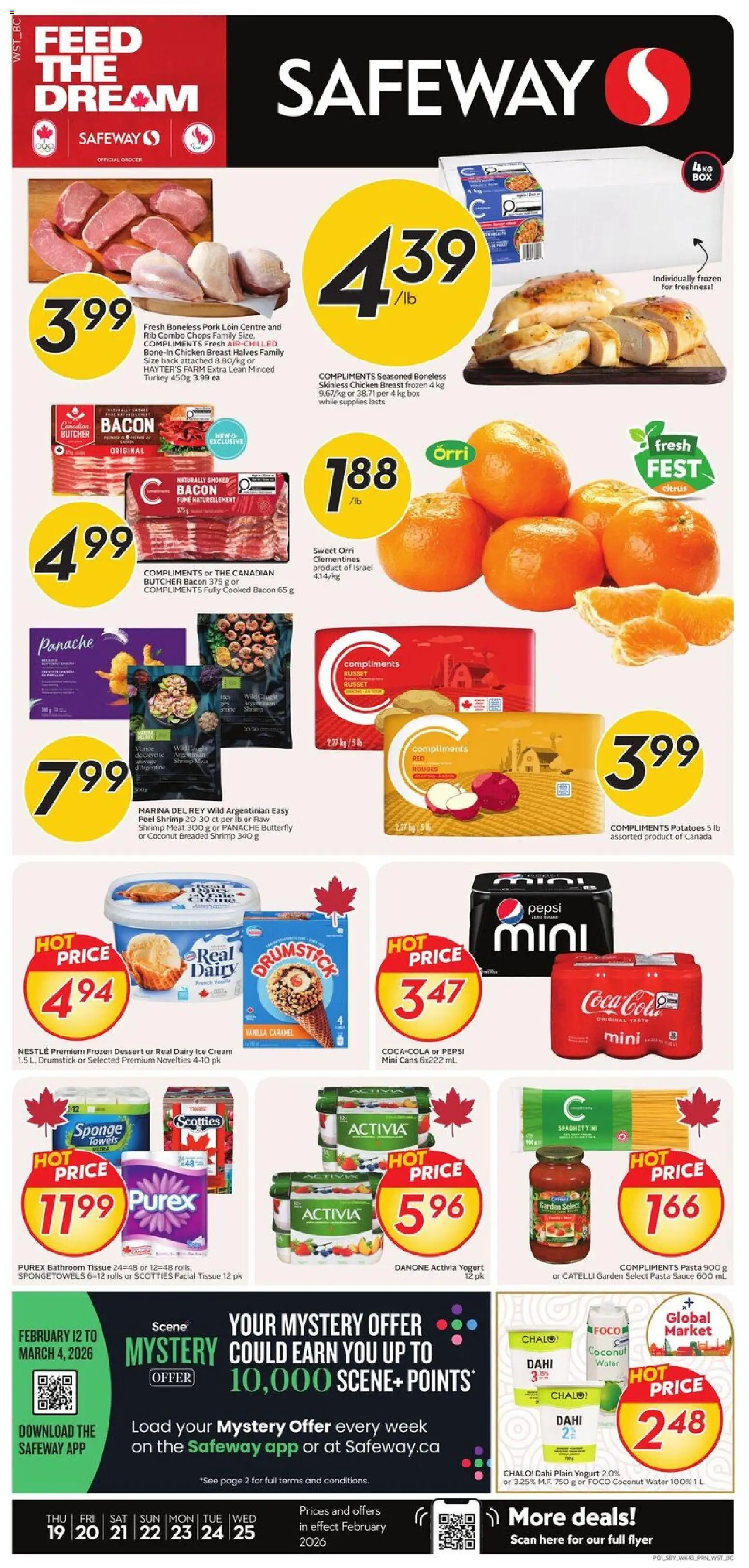 Preview of leaflet Weekly Flyer - BC from shop Safeway is valid from Feb 19, 2026 - Ice cream, Dessert, Pasta, Water, Potatoes, Vanilla, Pork, Towels