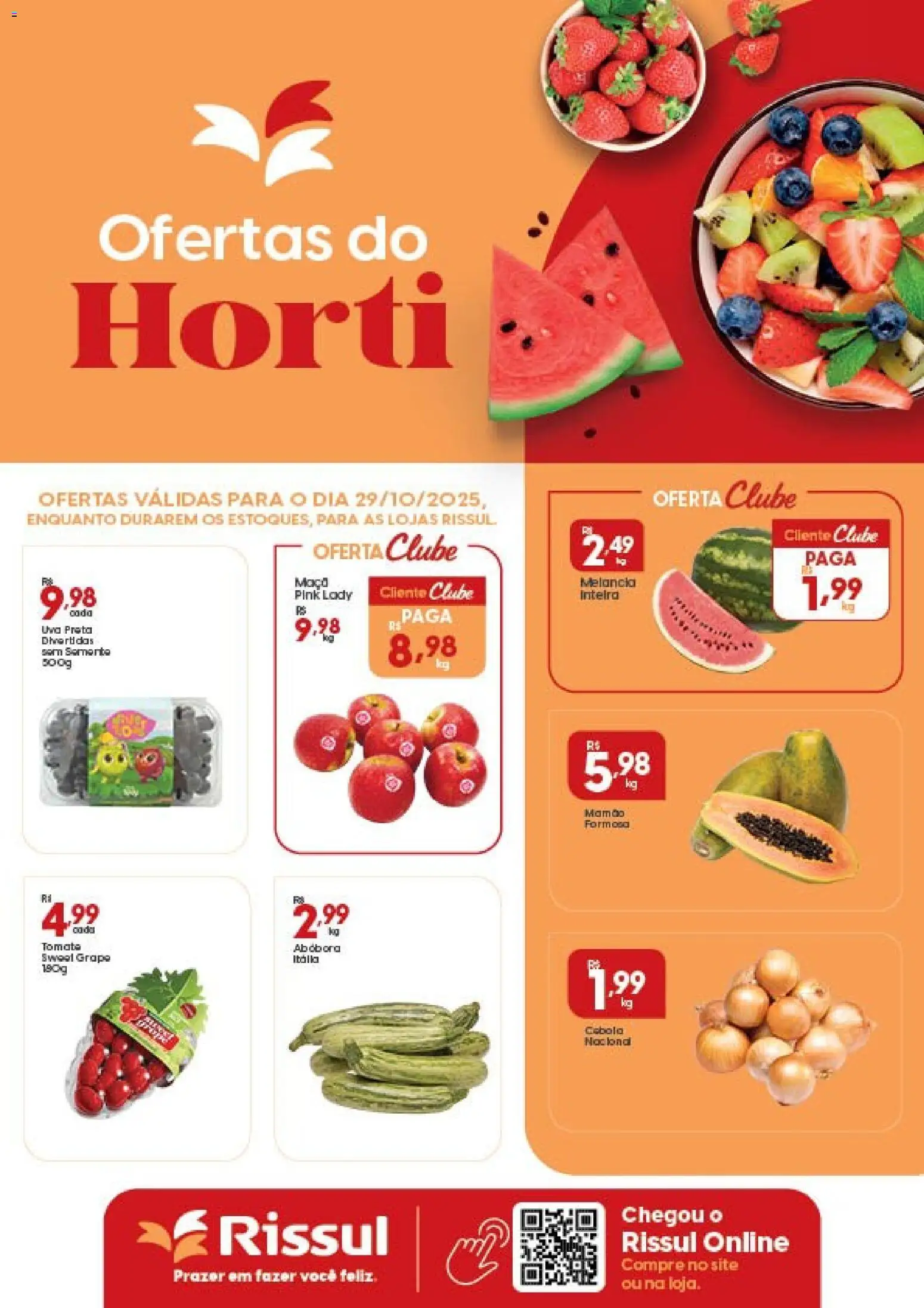 Pré-Visualização do folheto "Ofertas Quarta do Horti" da loja Rissul válido a partir de 29/10/2025 - Melancia, Uva, Abóbora, Tomate, Cebola, Mamão