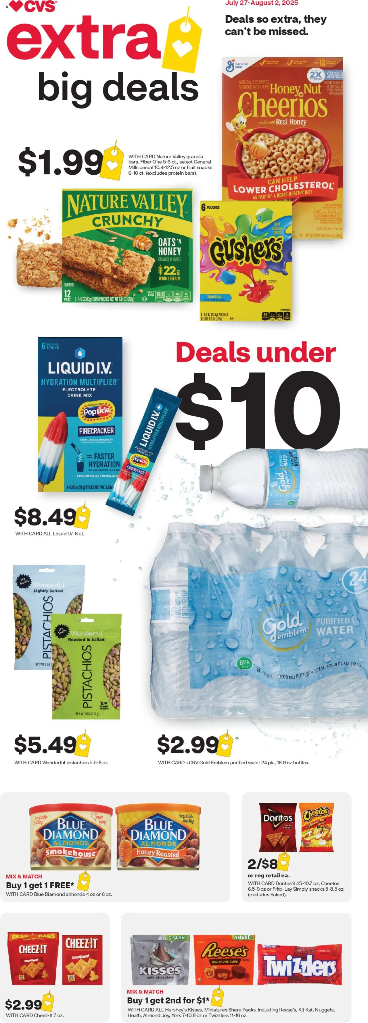 CVS Weekly Ad from 07/27/2025 - Flyer, Circular this week - Page number 1 - Vitamin, Almonds, Honey, Milk, Protein, Water, Fruit, Pistachios