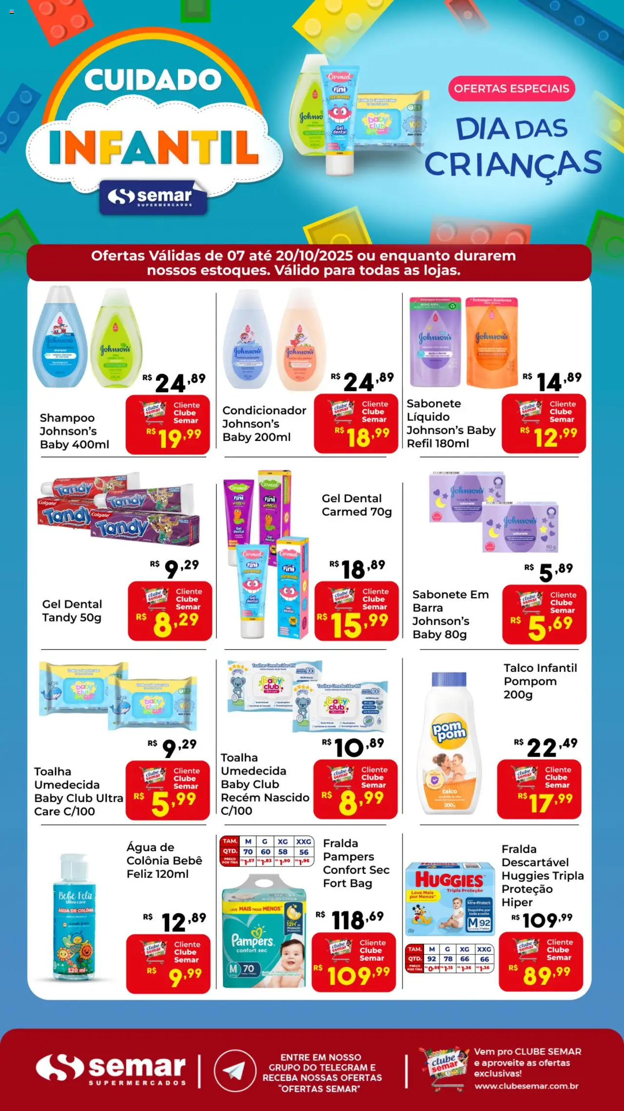 Semar Supermercado folheto "Ofertas Especial Cuidado Infantil" válido a partir de 07/10/2025 - número de página 1 - Shampoo, Água, Sabonete, Pampers, Condicionador, Talco