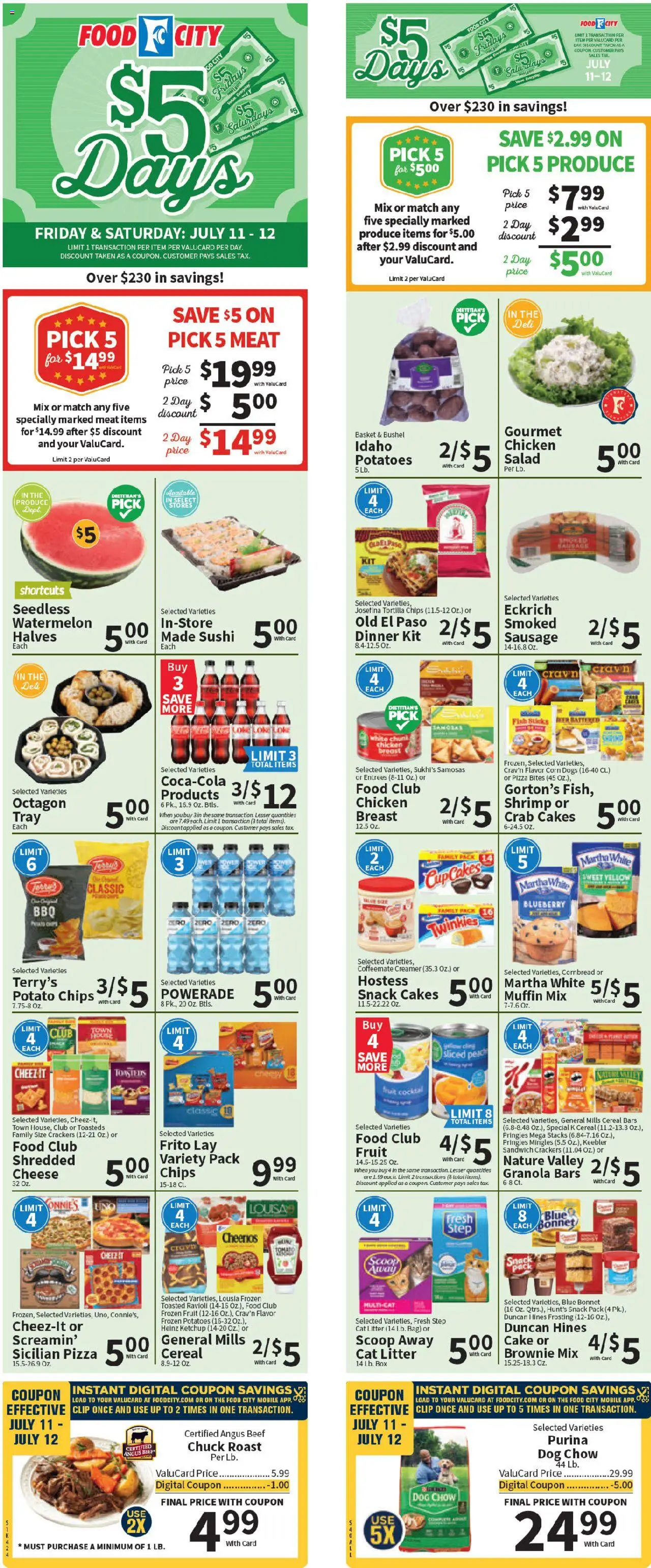 Food City Weekly Ad from 07/09/2025 - Flyer - Page number 1 - Crackers, Box, Chicken, Cheese, Ketchup, Watermelon, Muffin, Frozen fruit