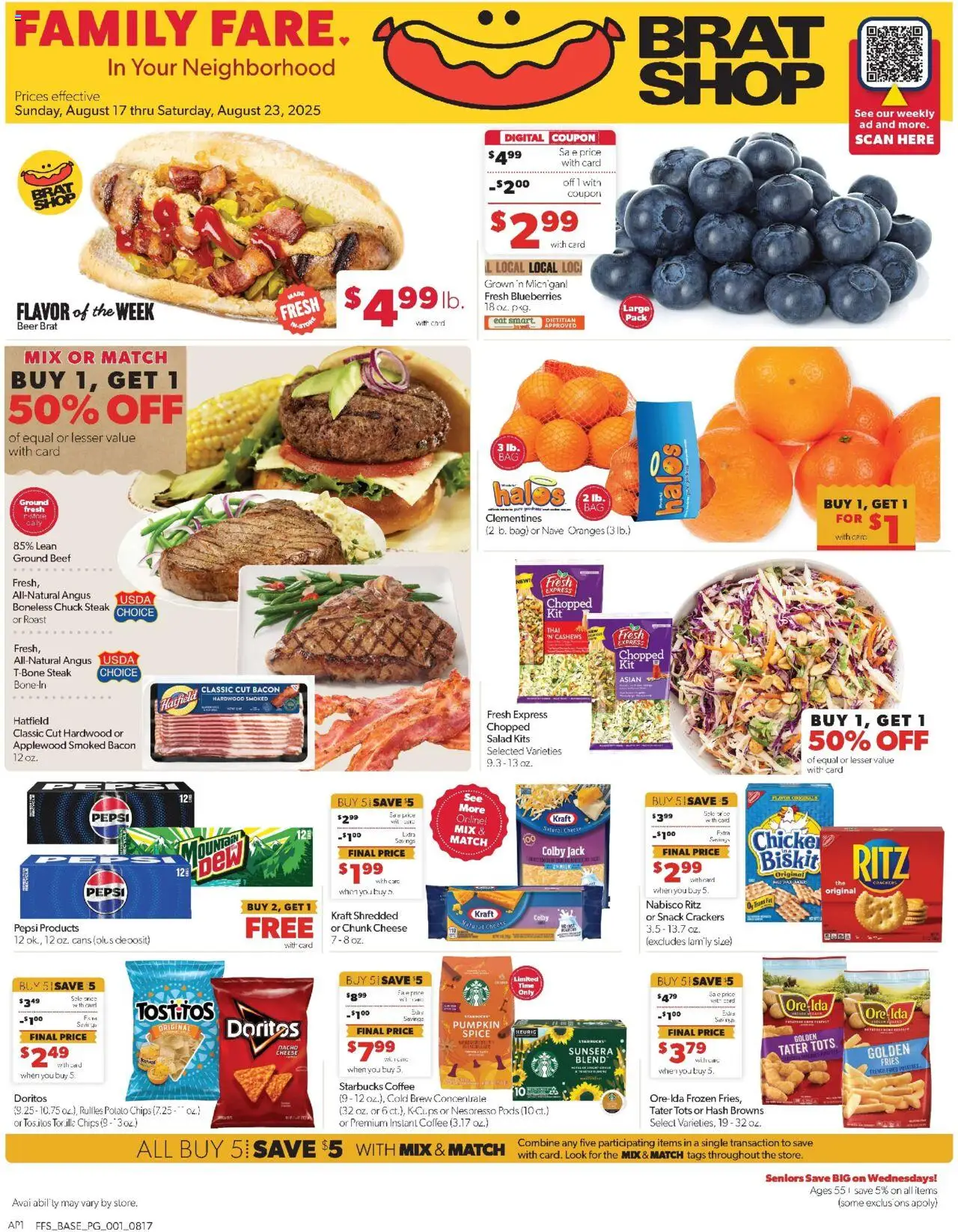 Family Fare Weekly Ad from 08/17/2025 - Flyer - Page number 1 - Coffee, Steak, Chips, Cheese, Blueberries, Bacon, Crackers, Potato chips