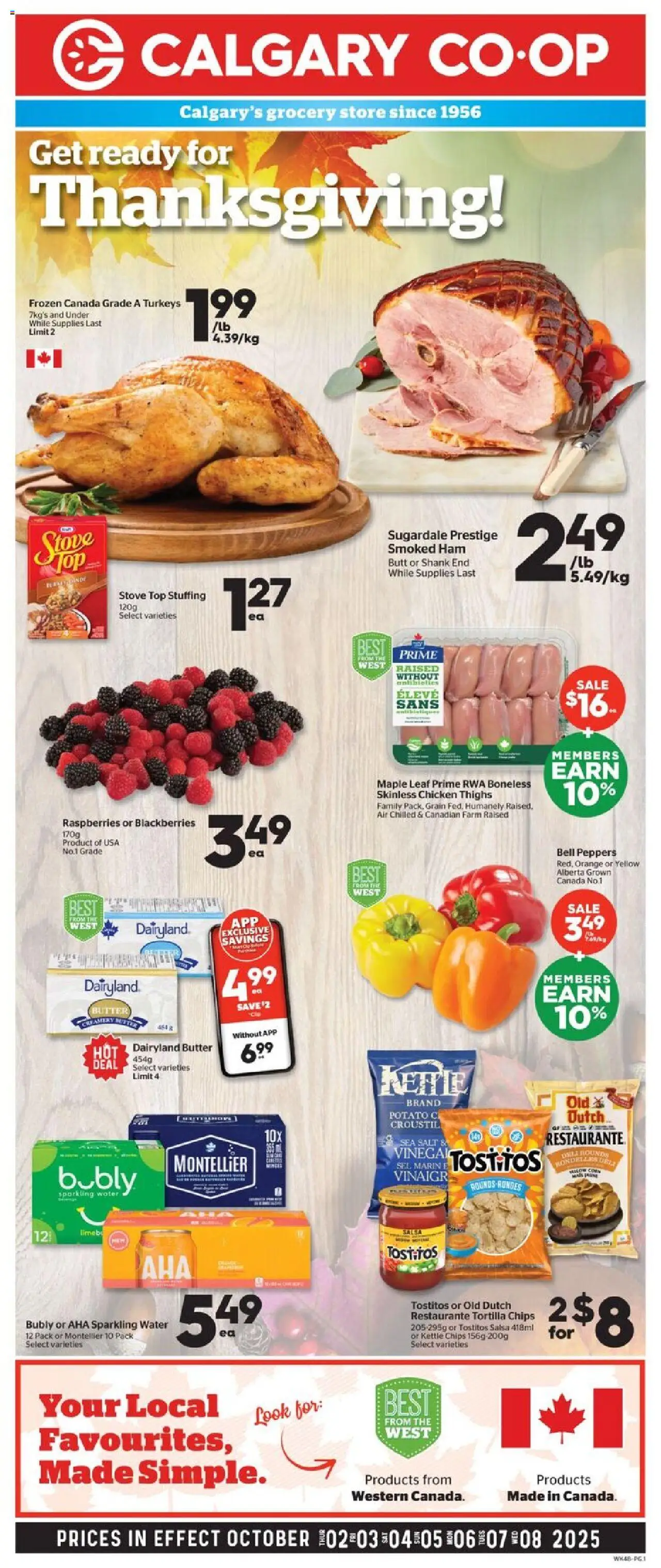 Calgary Co-op flyer valid from Oct 02, 2025 - page number 1 - Chicken, Chips, Butter, Kettle, Stove, Chicken thighs, Ham, Tortilla chips