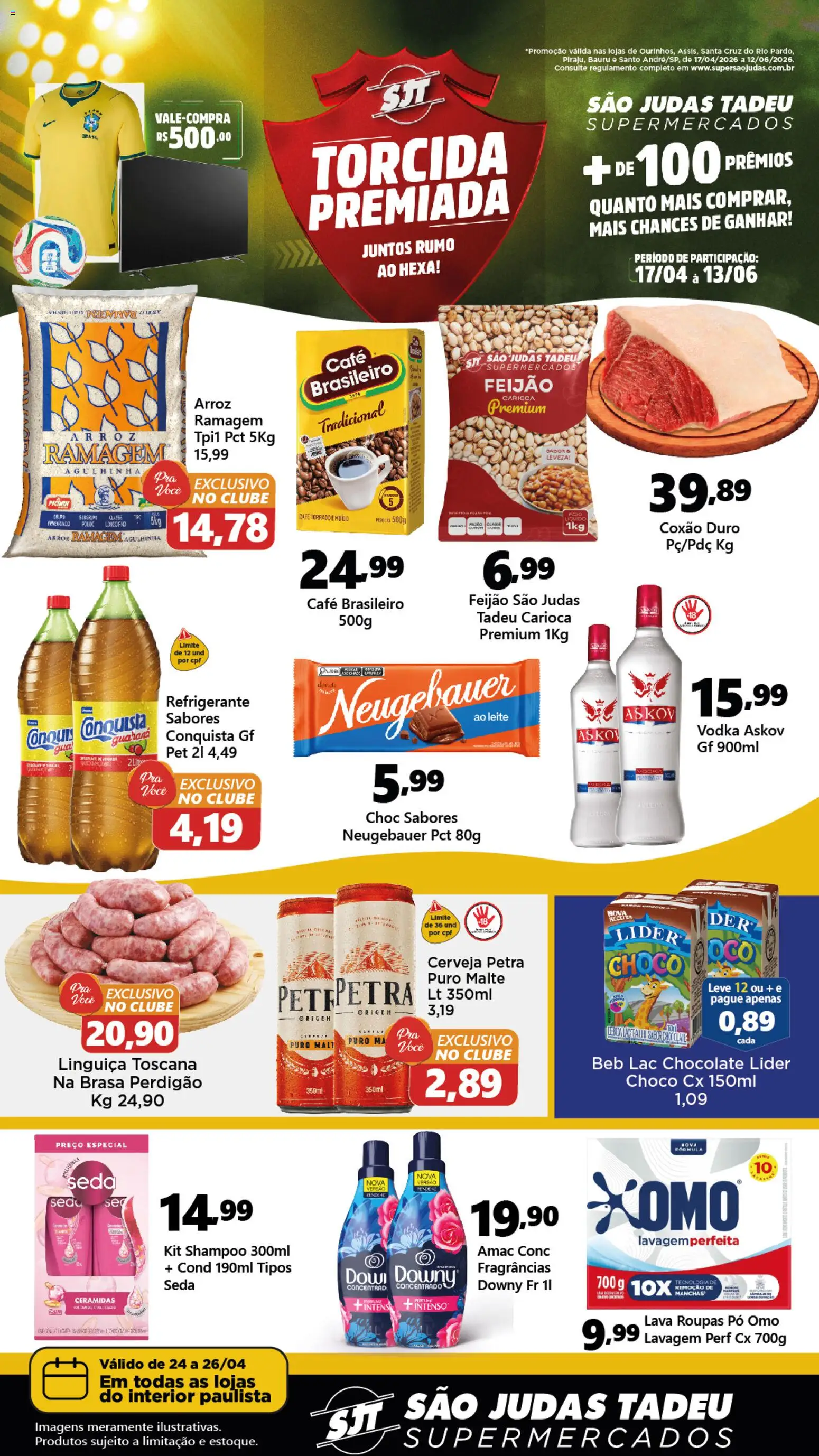 Pré-Visualização do folheto "São Judas Tadeu - Ofertas da semana" da loja São Judas Tadeu válido a partir de 24/04/2026 - Shampoo, Cerveja, Roupas, Feijão, Pó, Linguiça, Neugebauer, Coxão duro