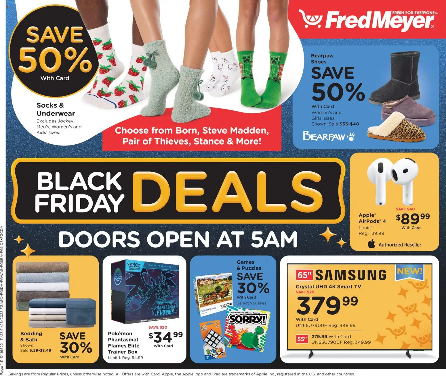 Ad Preview of Fred Meyer Black Friday from 11/28/2025 - Game, Box, Tv, Doors, Socks, Bath, Underwear, Bedding
