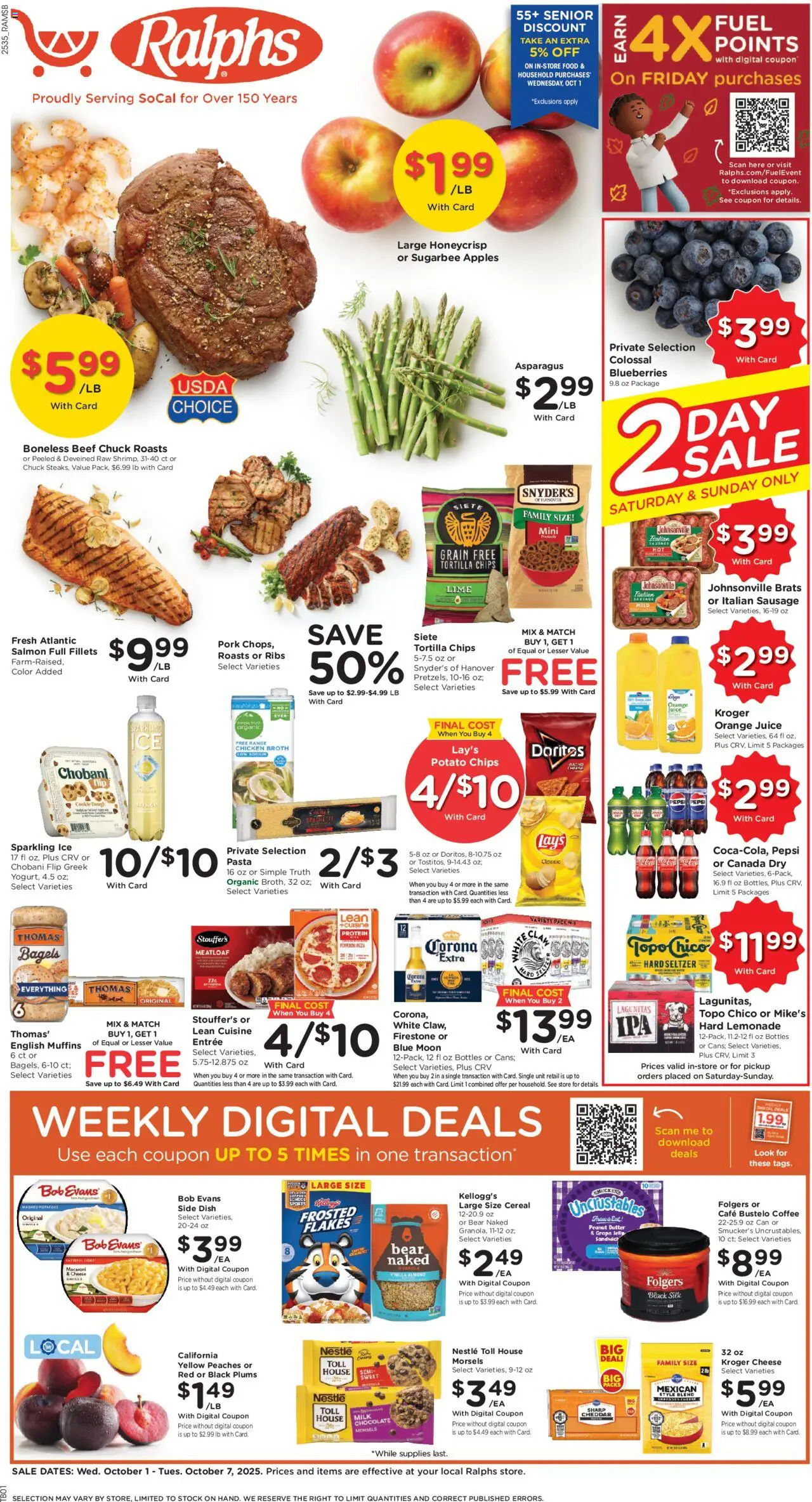 Ralphs Weekly Ad - CA from 10/01/2025 - Flyer - Page number 1 - Coffee, Blueberries, Pepsi, Sausage, Plums, Dough, Flakes, Chicken