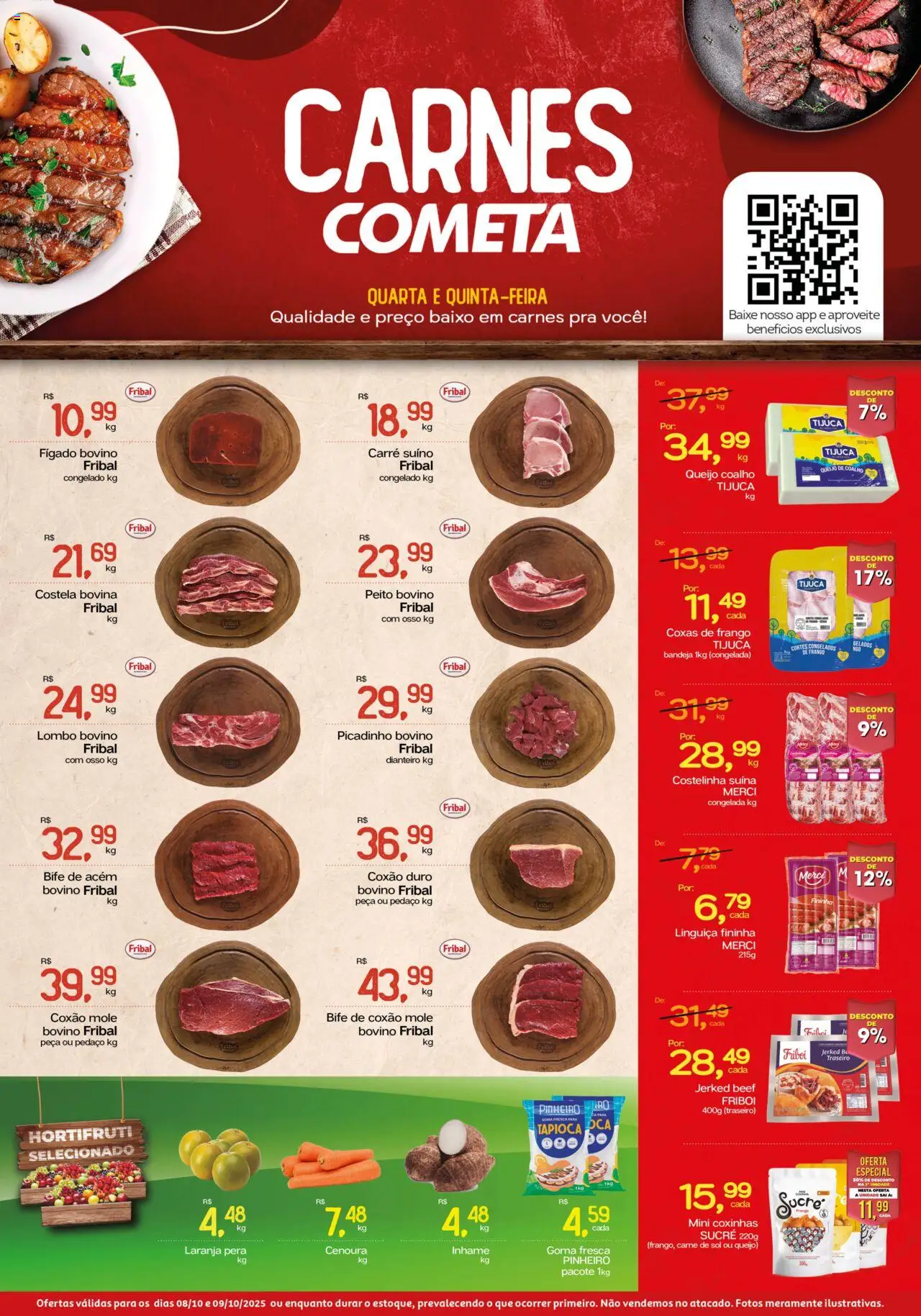 Cometa Supermercados folheto "Ofertas Carnes" válido a partir de 08/10/2025 - número de página 1 - Inhame, Queijo, Carne, Frango, Cenoura, Linguiça, Coxão duro, Acém