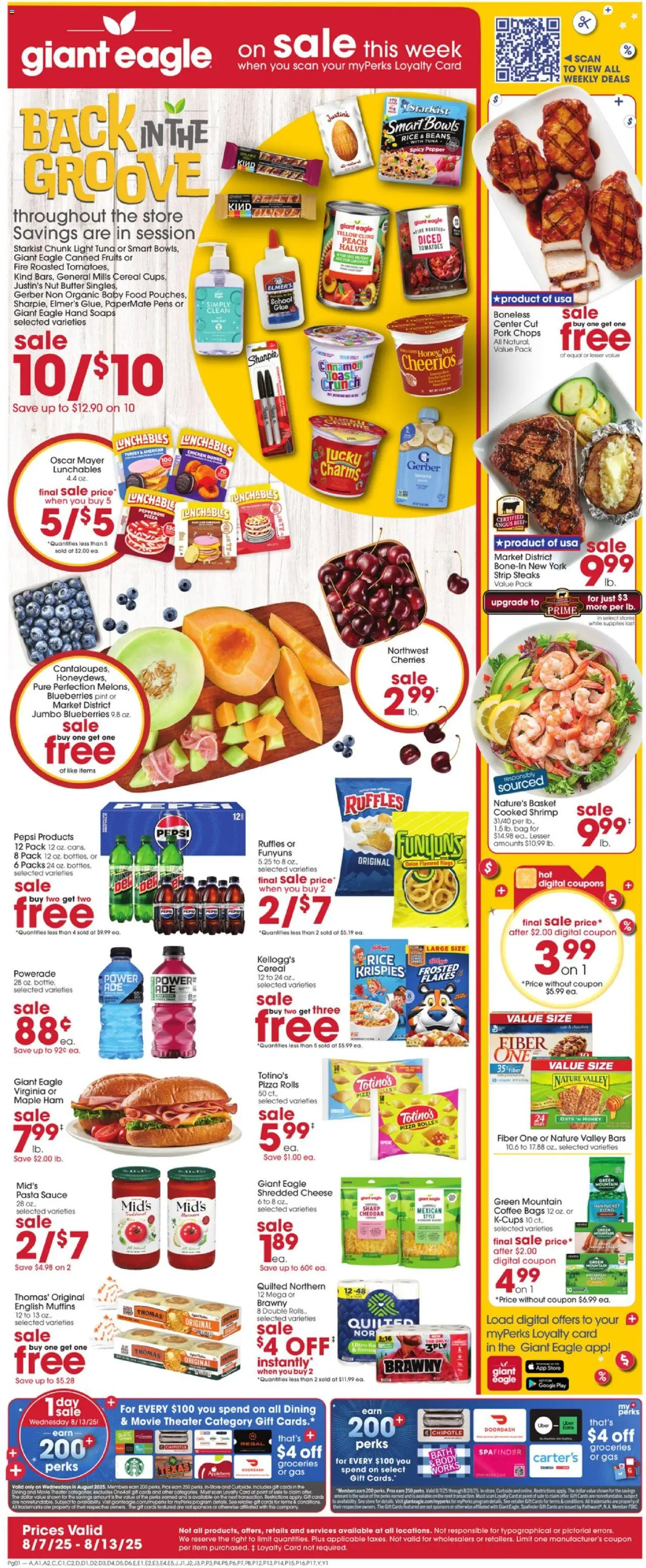 Giant Eagle Weekly Ad from 08/07/2025 - Flyer - Page number 1 - Coffee, Fruits, Honey, Shrimp, Tomatoes, Ham, Basket, Sauce