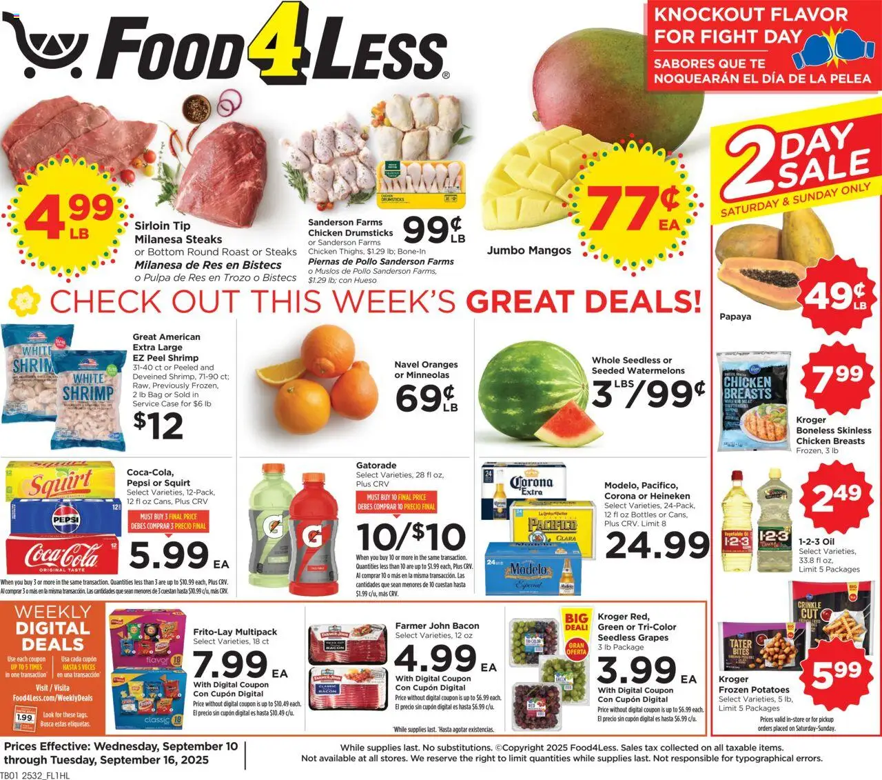 Food 4 Less Weekly Ad from 09/10/2025 - Flyer - Page number 1 - Potatoes, Shrimp, Meat, Oil, Grapes, Heineken, Case, Chicken drumsticks