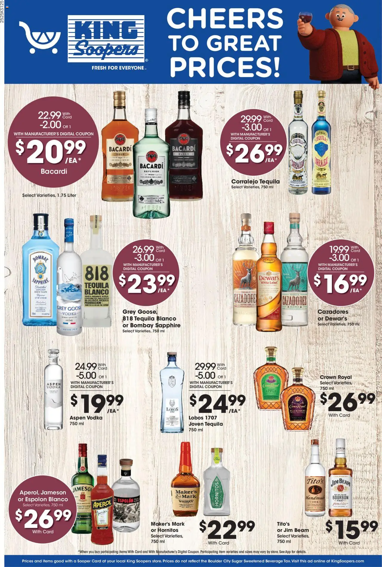 King Soopers Adult Beverage from 07/23/2025 - Flyer - Page number 1 - Tequila, Bourbon, Vodka, Goose, Gin, Jameson, Jim Beam, Bombay Sapphire