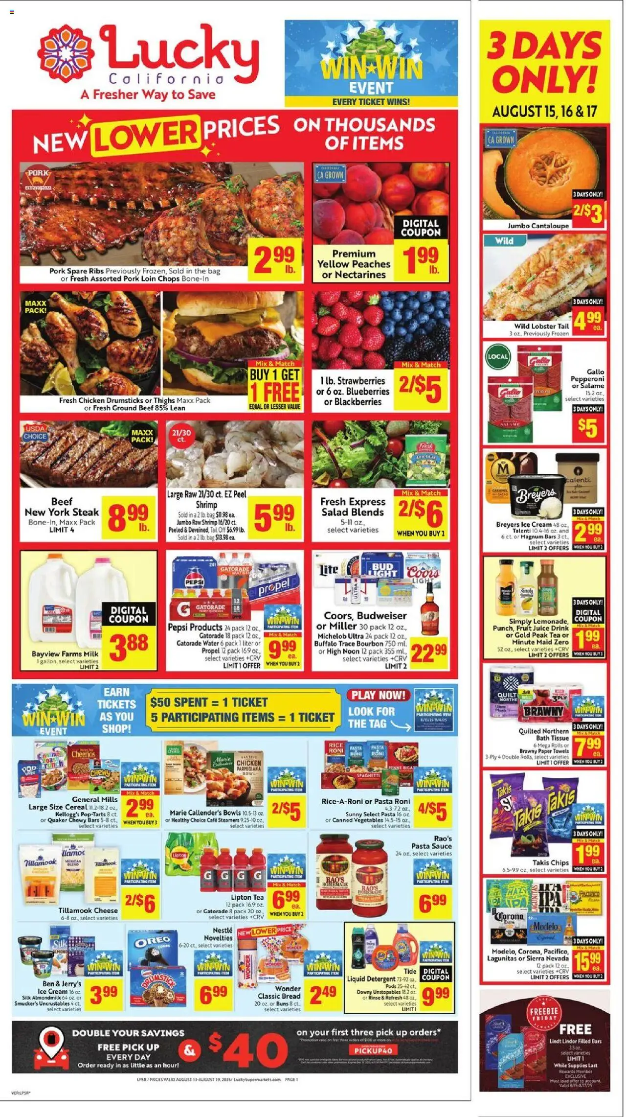 Lucky Supermarkets Weekly - AK from 08/13/2025 - Flyer - Page number 1 - Water, Steak, Chips, Rice, Pepsi, Drumsticks, Lindor, Detergent