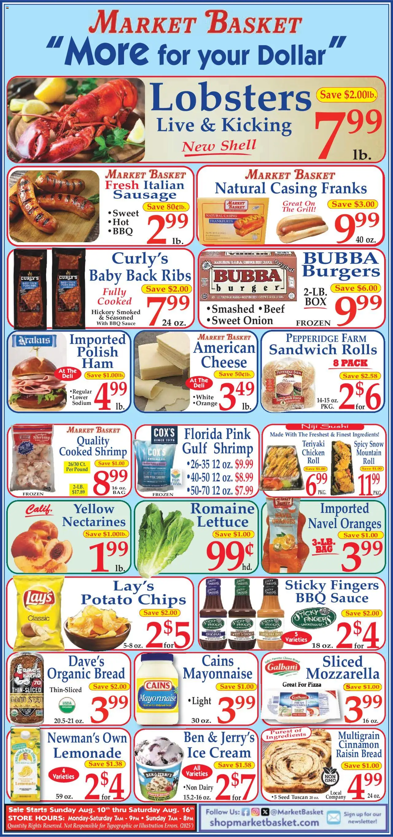 Market Basket Ad from 08/10/2025 - Flyer - Page number 1 - Cheese, Bread, Lettuce, Basket, Cream, Nectarines, Potato chips, Romaine