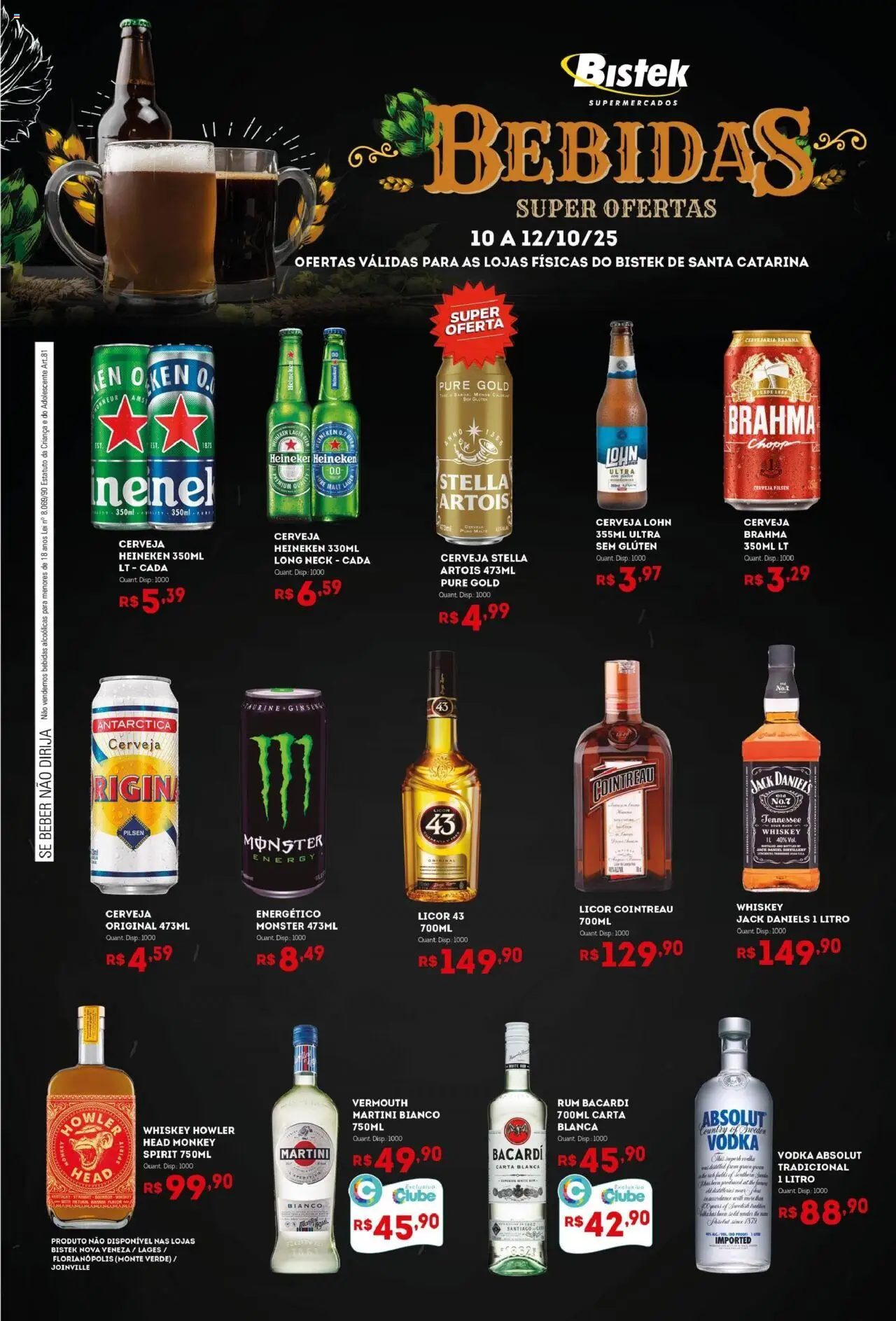 Bistek Supermercados folheto "Ofertas Bebidas" válido a partir de 10/10/2025 - número de página 1 - Heineken, Licor 43, Cerveja, Bebidas, Licor, Martini, Vodka Absolut, Martini Bianco