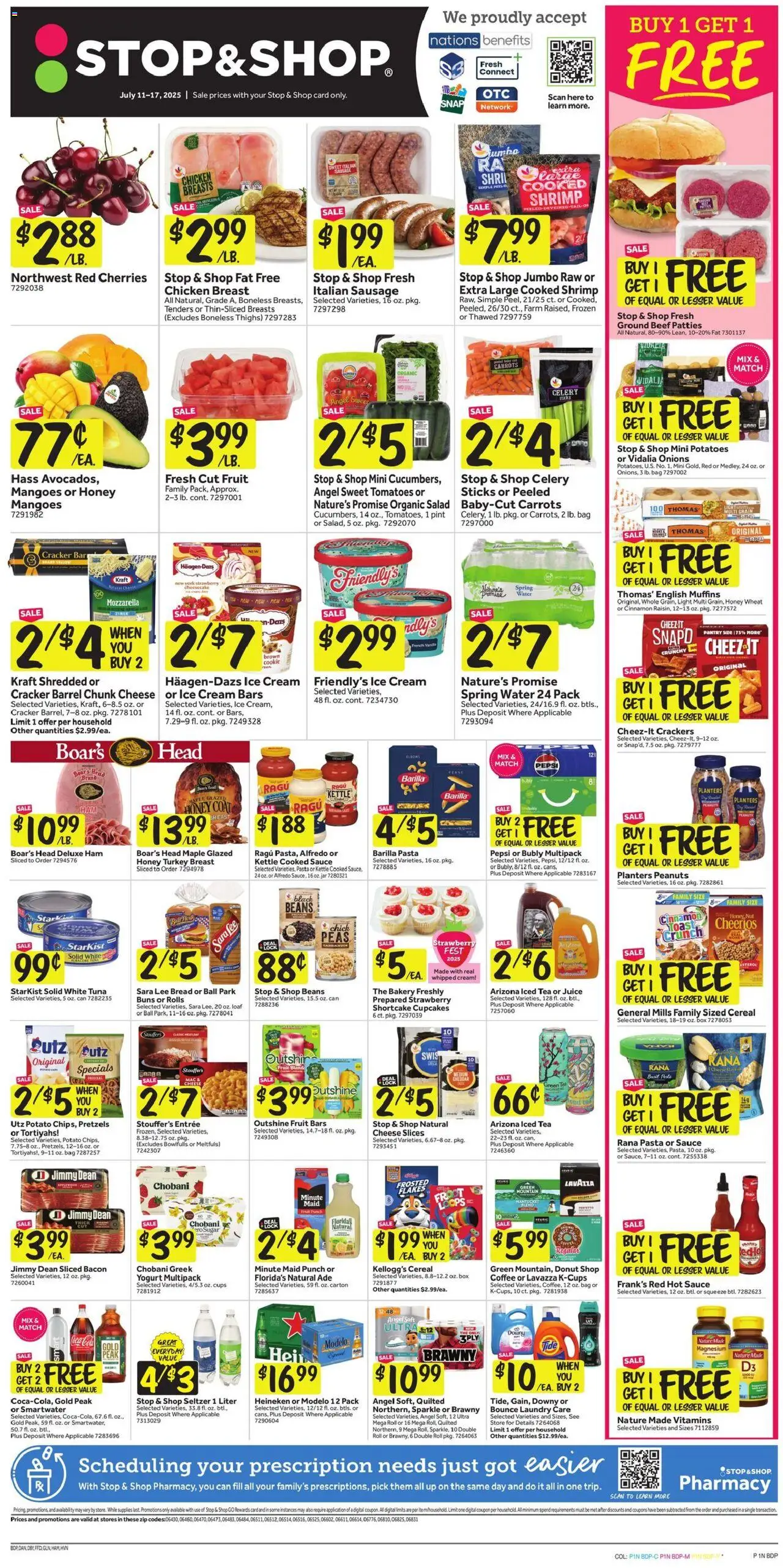 Stop & Shop Weekly Circular - CT from 07/11/2025 - Flyer - Page number 1 - Magnesium, Shrimp, Chicken, Heineken, Bacon, Coat, Ground beef, Donut