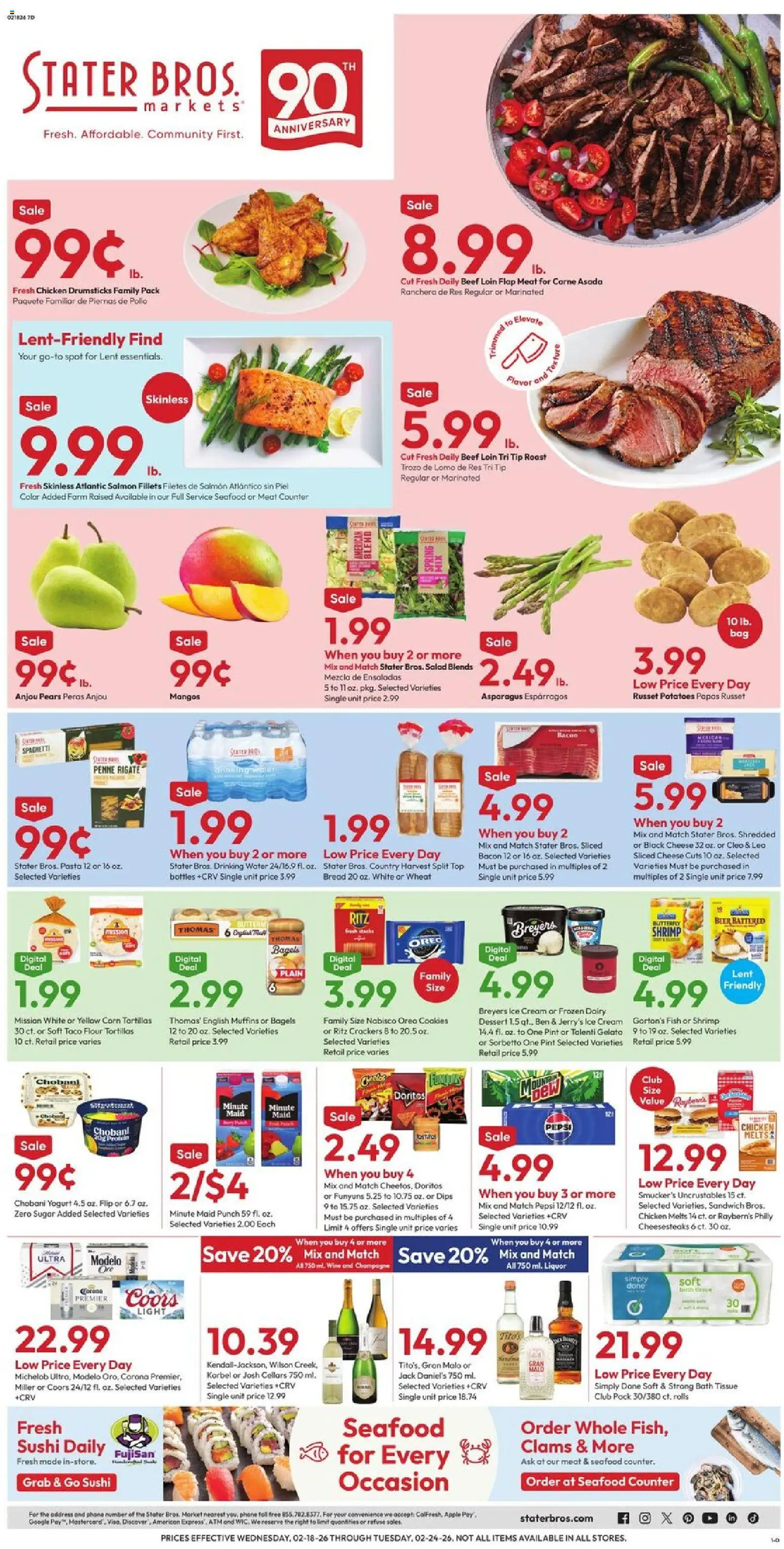 Ad Preview of Stater Bros Weekly Ad from 02/18/2026 - Beer, Pasta, Salad, Cheese, Tortillas, Cream, Muffins, Ben & Jerry’s ice cream