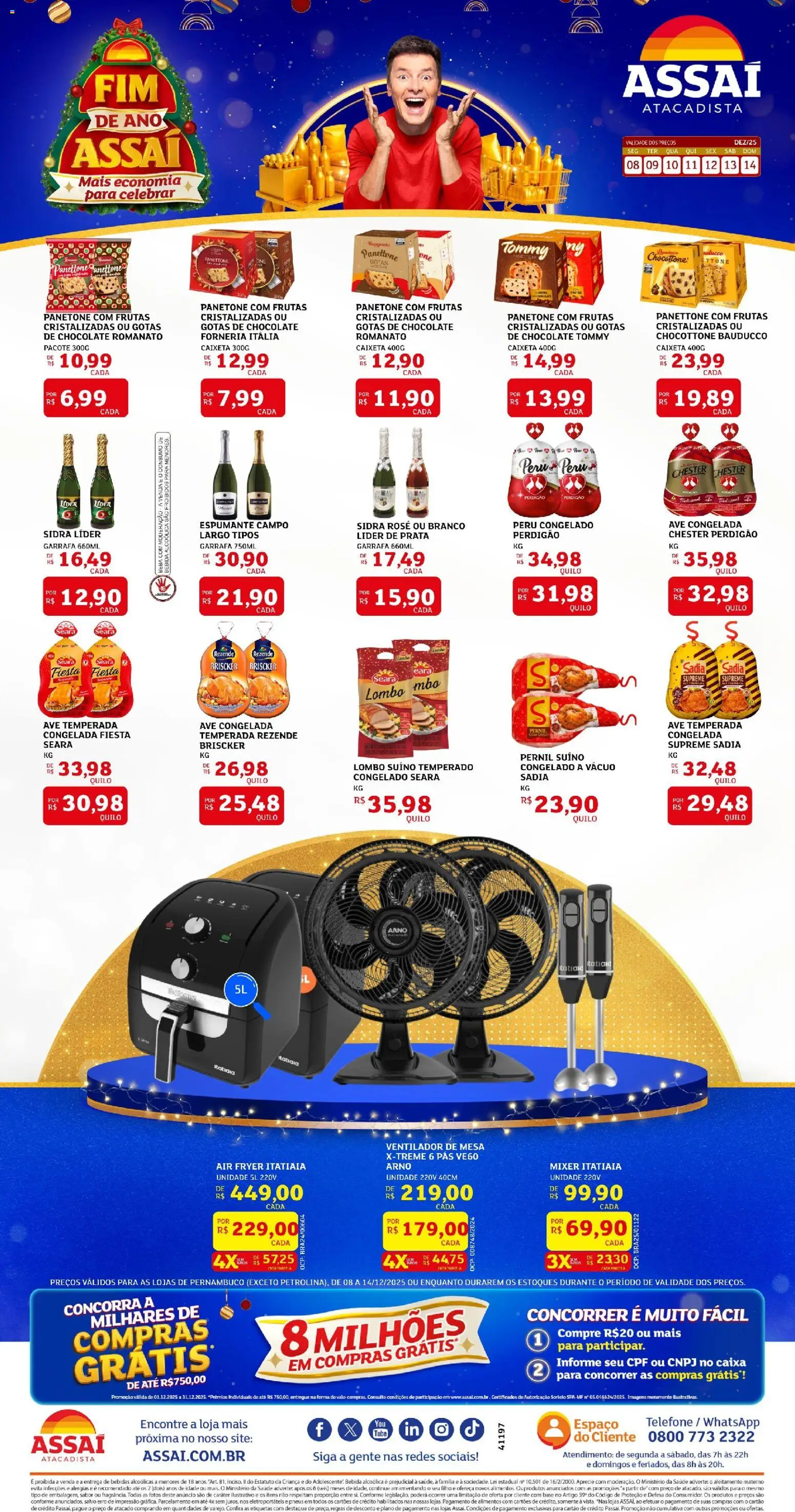 Pré-Visualização do folheto "Encarte - PE" da loja Assaí Atacadista válido a partir de 08/12/2025 - Telefone, Chocolate, Mesa, Peru, Base, Panetone, Alimentos, Lombo