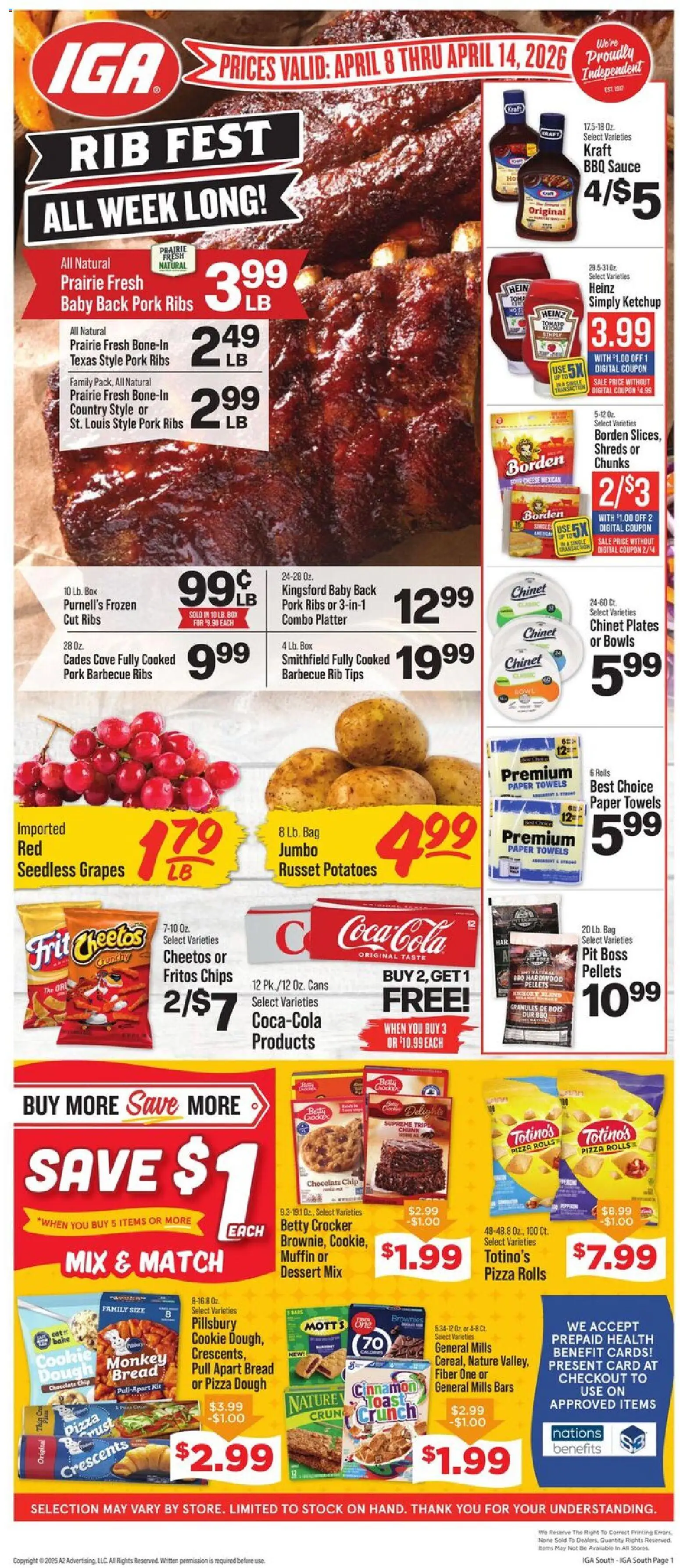 Ad Preview of IGA IGA Weekly Ad from 04/08/2026 - Dessert, Bread, Tomato, Grapes, Pork, Ketchup, Dough, Seedless grapes