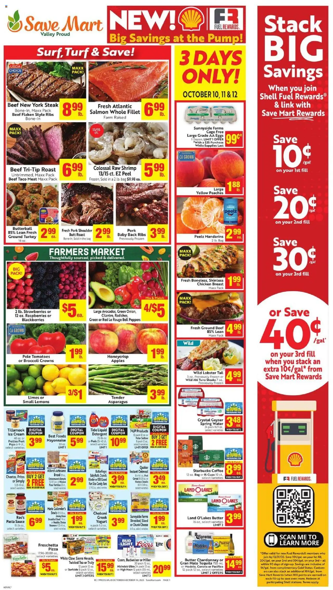 Save Mart Weekly Ad from 10/08/2025 - Flyer - Page number 1 - Strawberries, Broccoli, Crowns, Beef, Bag, Cream, Pump, Chicken