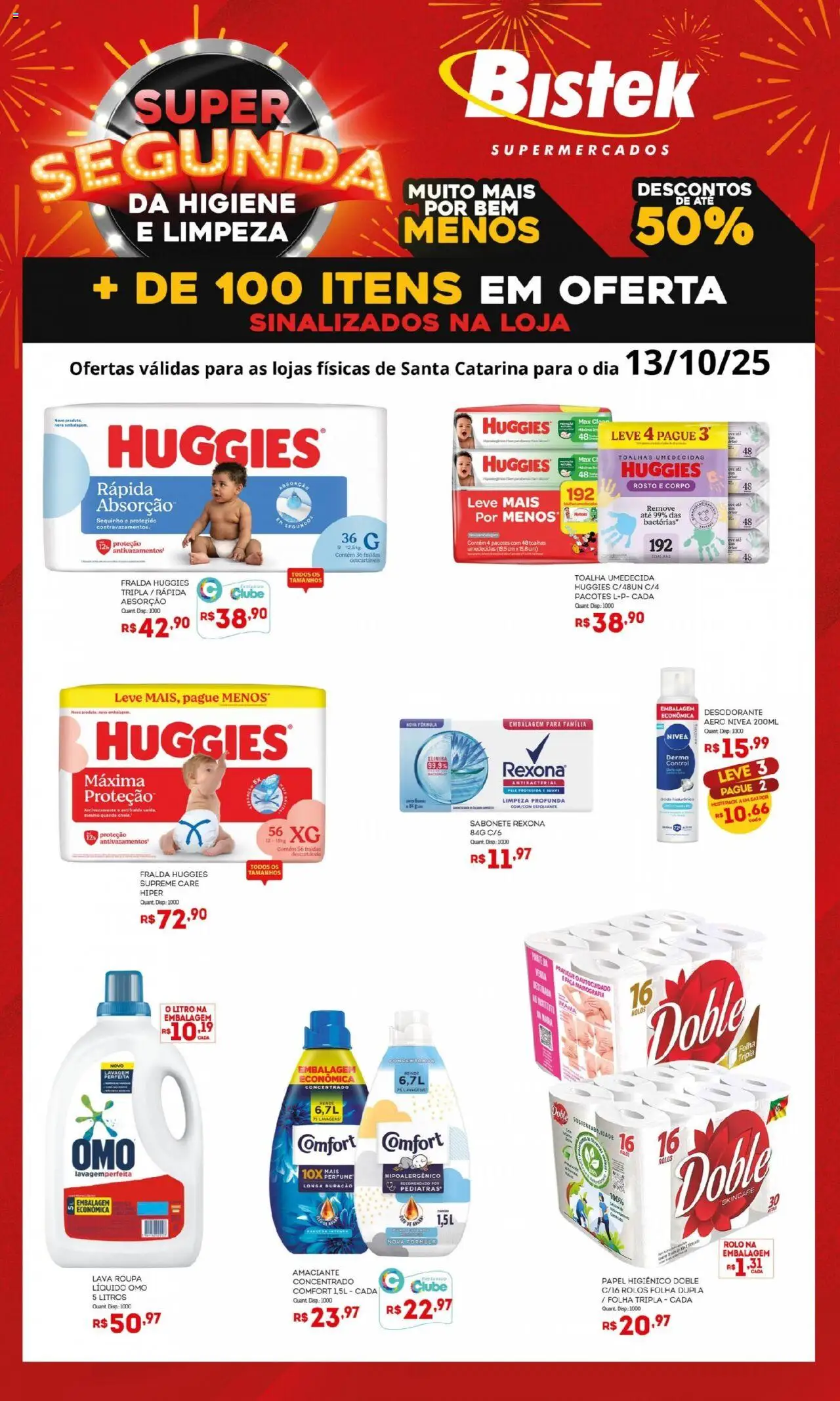 Bistek Supermercados folheto "Ofertas Super Segunda" válido a partir de 13/10/2025 - número de página 1 - Perfume, Sabonete, Papel higiênico, Rexona, Amaciante, Rolo, Toalha umedecida, Faca