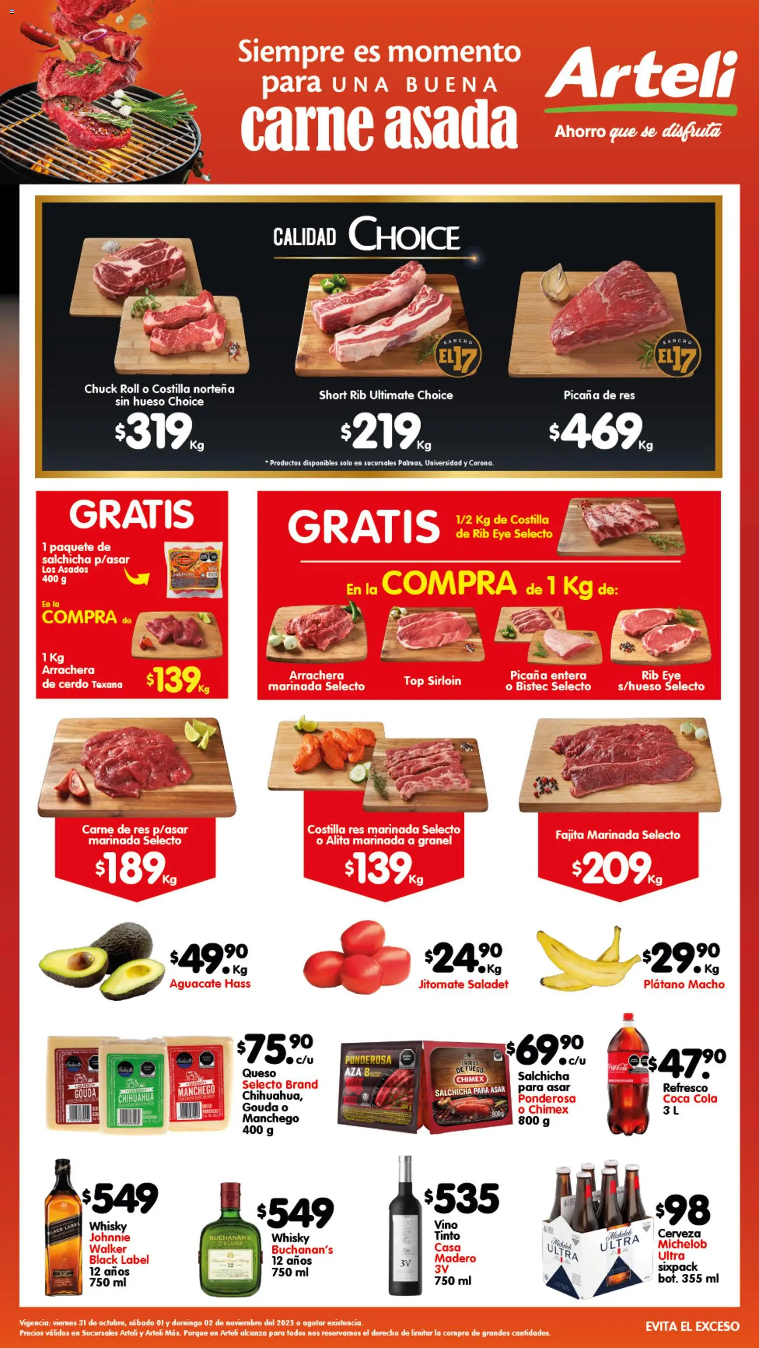 Vista previa las ofertas de la tienda Arteli - Folleto Carnes & Cortes Suc.Arteli & Arteli mas desde el 31/10/2025 - Whisky, Cerveza, Aguacate, Short, Top, Bistec, Salchicha, Res