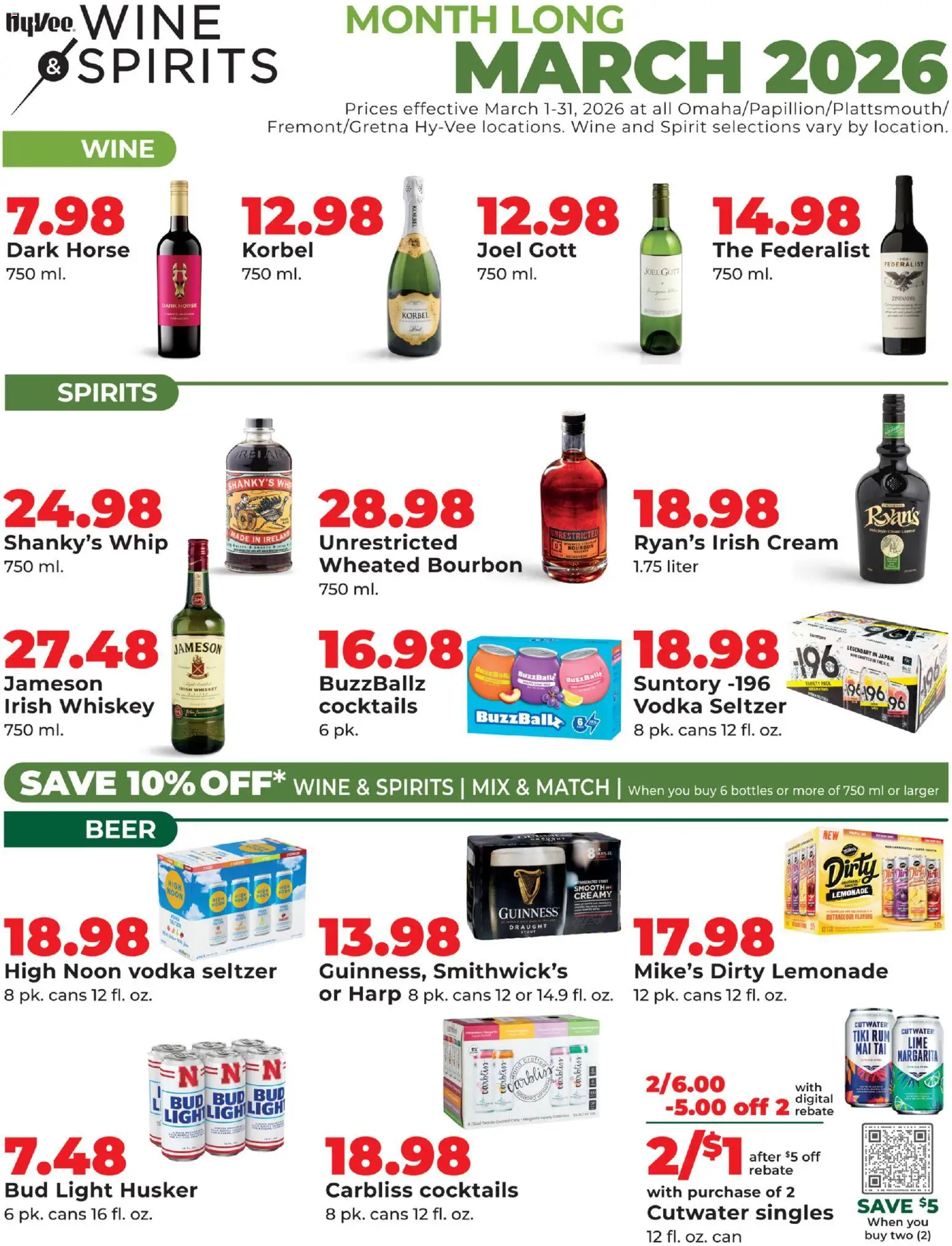 Ad Preview of HyVee HyVee Wine & Spirits Monthlong from 03/01/2026 - Wine, Cocktails, Lemonade, Bourbon, Lime, Cream, Jameson, Irish whiskey