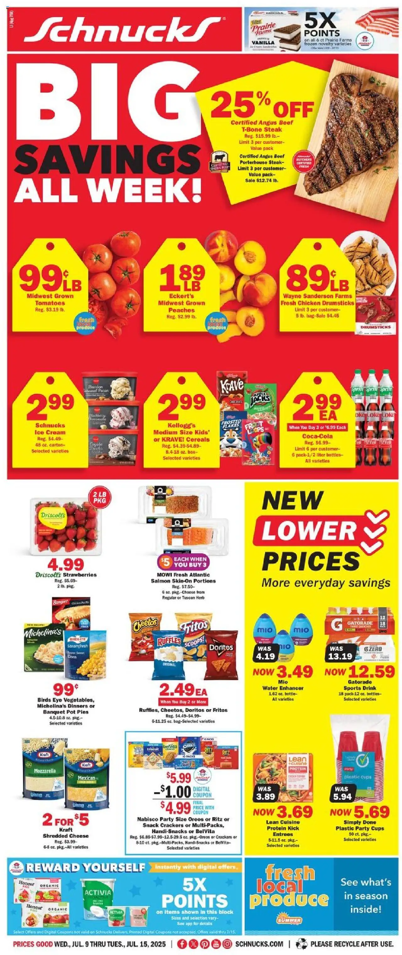 Schnucks Weekly Print Ad - WI from 07/09/2025 - Flyer - Page number 1 - Corn, Crackers, Chicken, Tomatoes, Protein, Strawberries, Cream, Sports drink