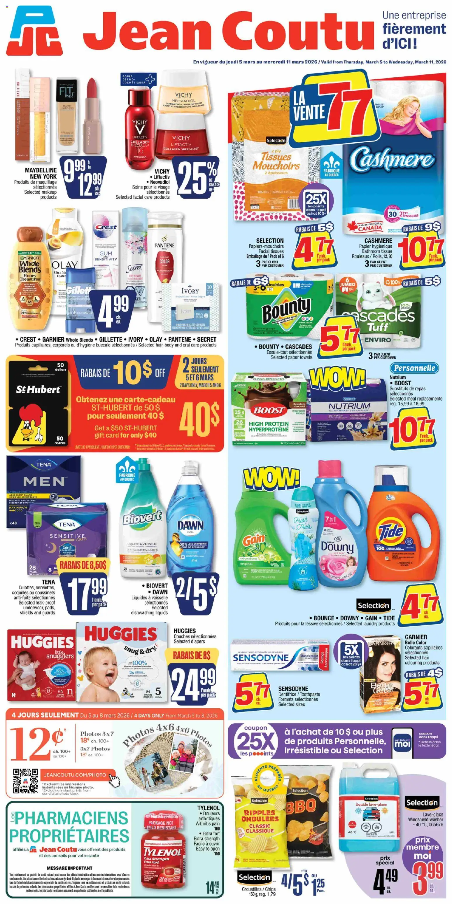 Preview of leaflet Jean Coutu circulaire from shop Jean Coutu is valid from Mar 05, 2026 - Honey, Shampoo, Diapers, Cream, Paper towels, Towels, Toothpaste, Tissues
