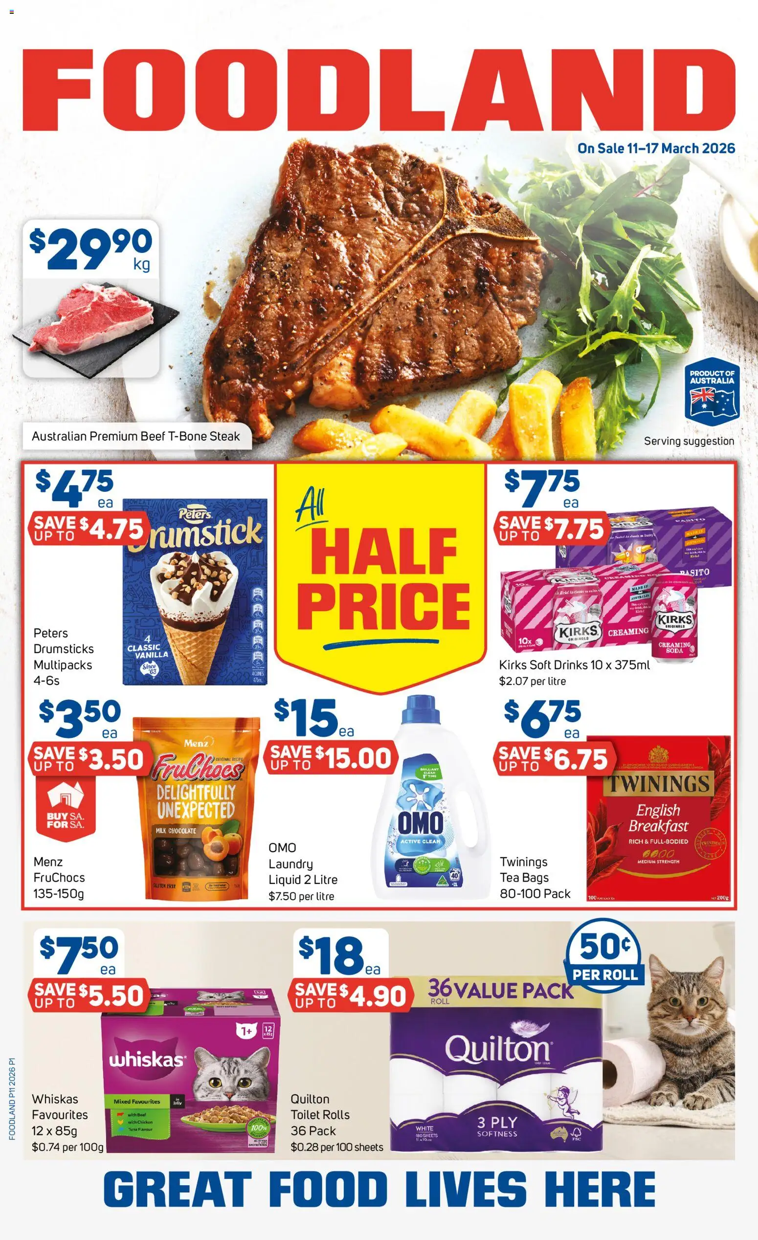 Preview of catalogue Foodland catalogue from shop Foodland valid 11/03/2026 - Drinks, Food, Toilet, Chicken, Soft drinks, Tuna, Drumsticks, Laundry