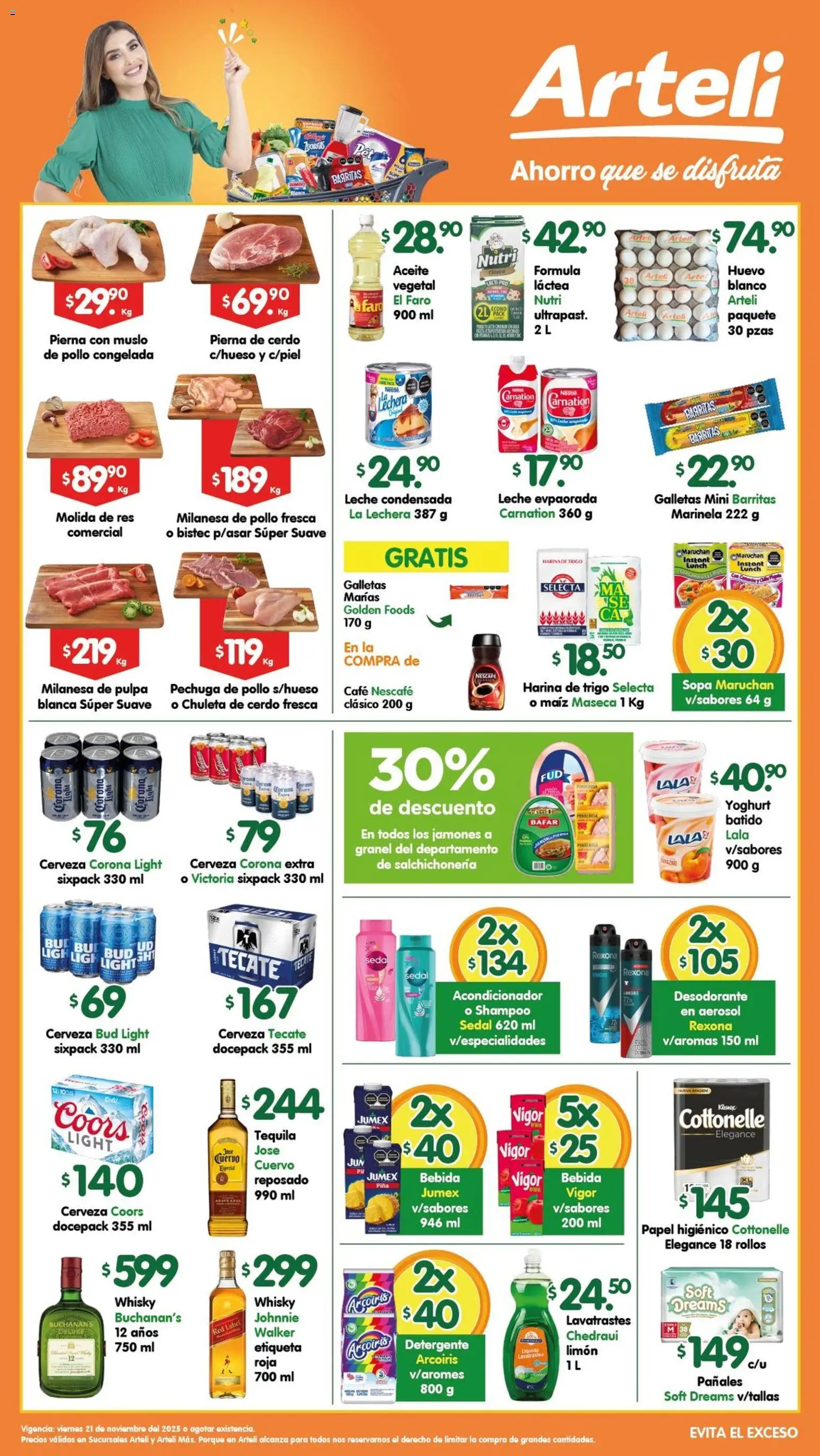 Vista previa las ofertas de la tienda Arteli - Folleto Suc.Arteli & Arteli mas desde el 21/11/2025 - Pollo, Leche, Desodorante, Cerveza Corona, Pañales, Res, Chuleta de cerdo, Corona Extra