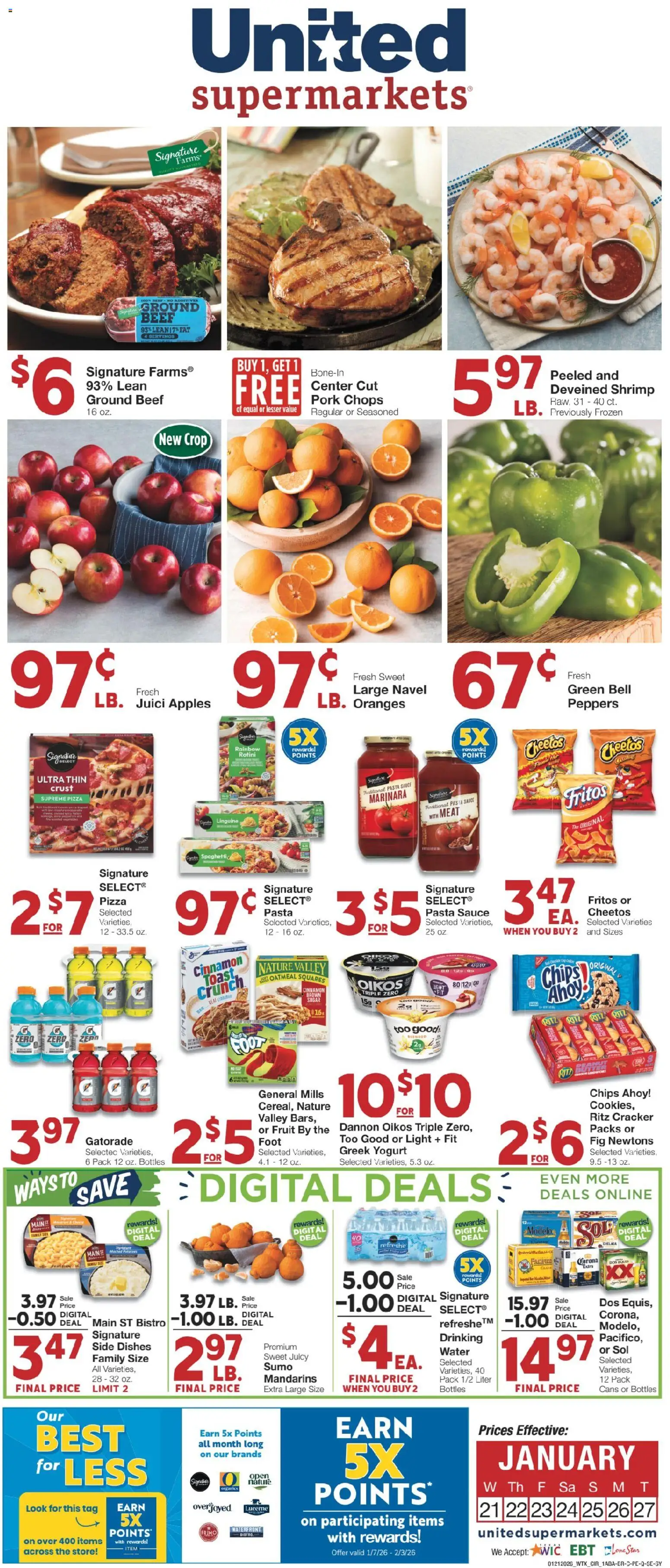 Ad Preview of United Supermarkets Weekly Ad from 01/20/2026 - Pasta, Chips, Spaghetti, Yogurt, Meat, Dishes, Peppers, Mandarins