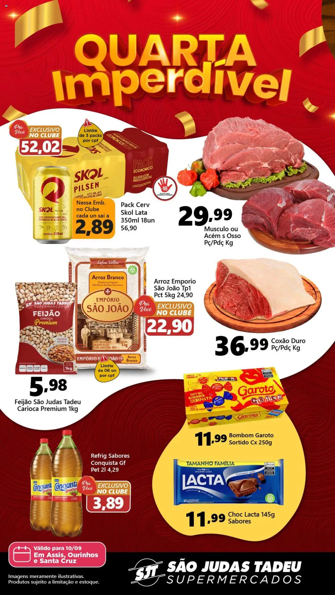 São Judas Tadeu folheto "Ofertas Quarta Imperdível" válido a partir de 10/09/2025 - número de página 1 - Chocolate, Cerveja, Arroz, Feijão, Leite, Bombom, Coxão duro, Acém