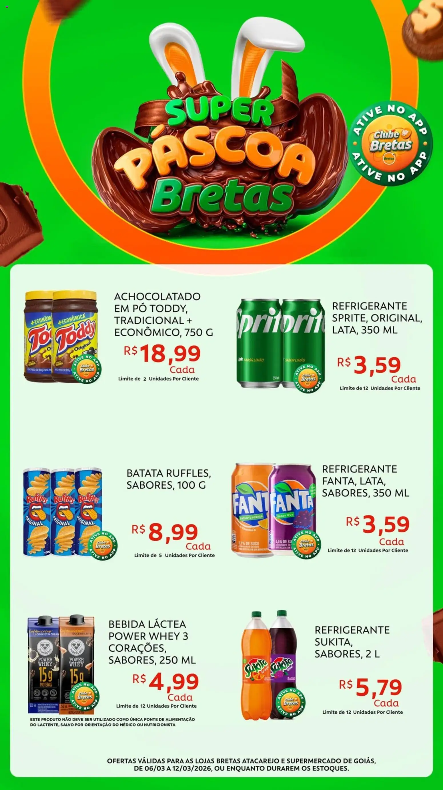 Pré-Visualização do folheto "Bretas ofertas Páscoa" da loja Bretas válido a partir de 06/03/2026 - Doce de leite, Uva, Leite, Doce, Batata, Suco, Refrigerante, Cappuccino