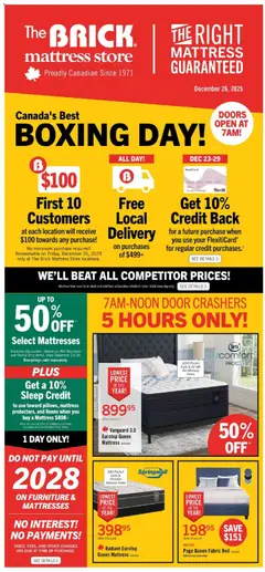Un aperçu du dépliant Brick Mattress Store du magasin The Brick est valide à partir 23 déc. 2025