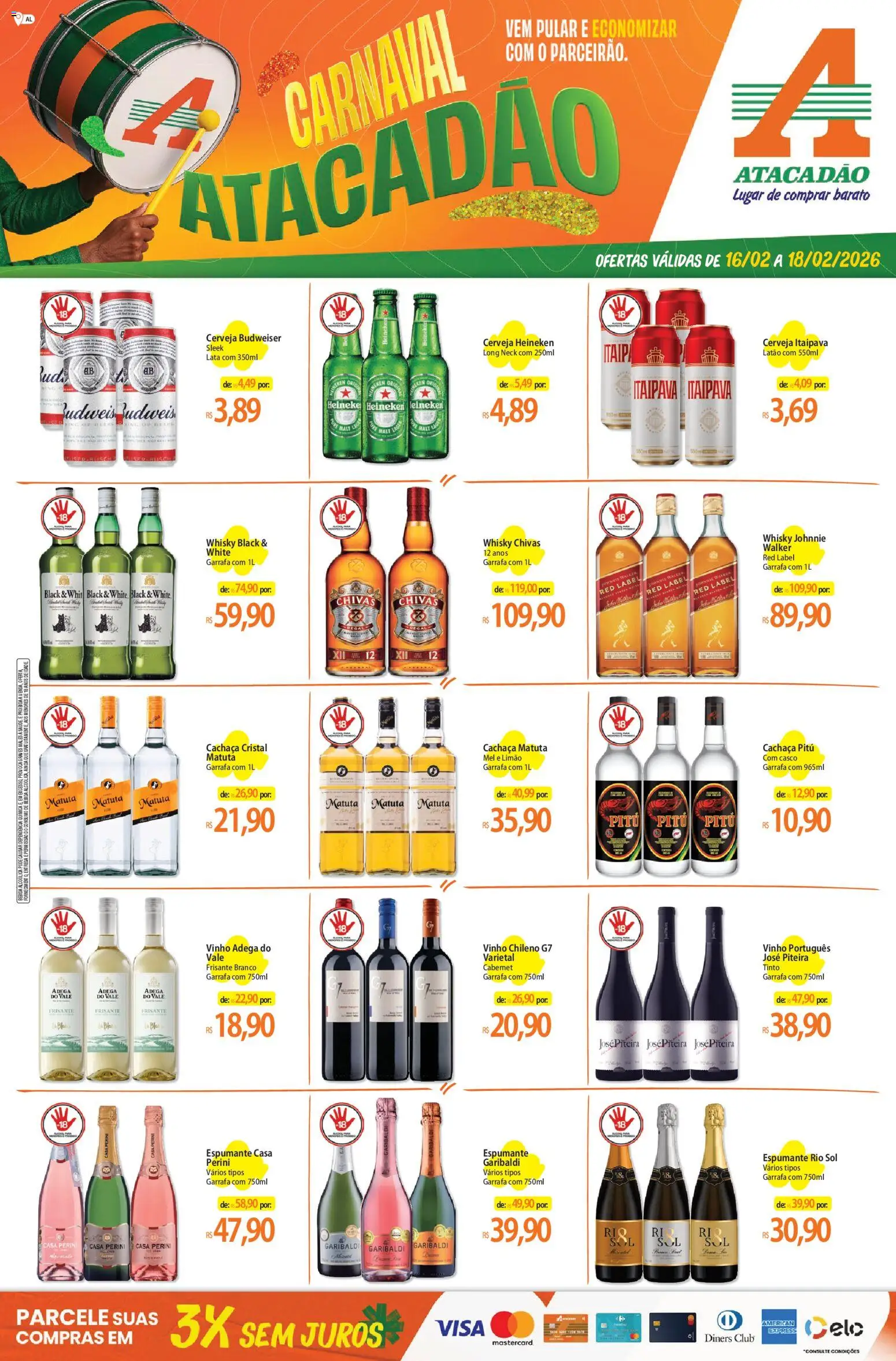 Pré-Visualização do folheto "Ofertas - AL" da loja Atacadão válido a partir de 16/02/2026 - Whisky, Heineken, Cerveja, Vinho, Álcool, Cerveja Heineken, Mel, Espumante
