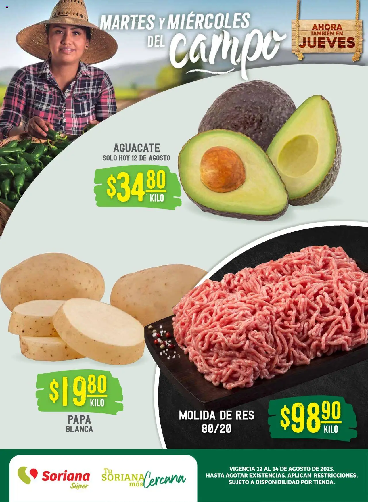 Martes y Miércoles del Campo Súper: Saltillo Soriana y sus promociones válidas desde el 12/08/2025 - Número de página 1 - Papa, Aguacate, Res