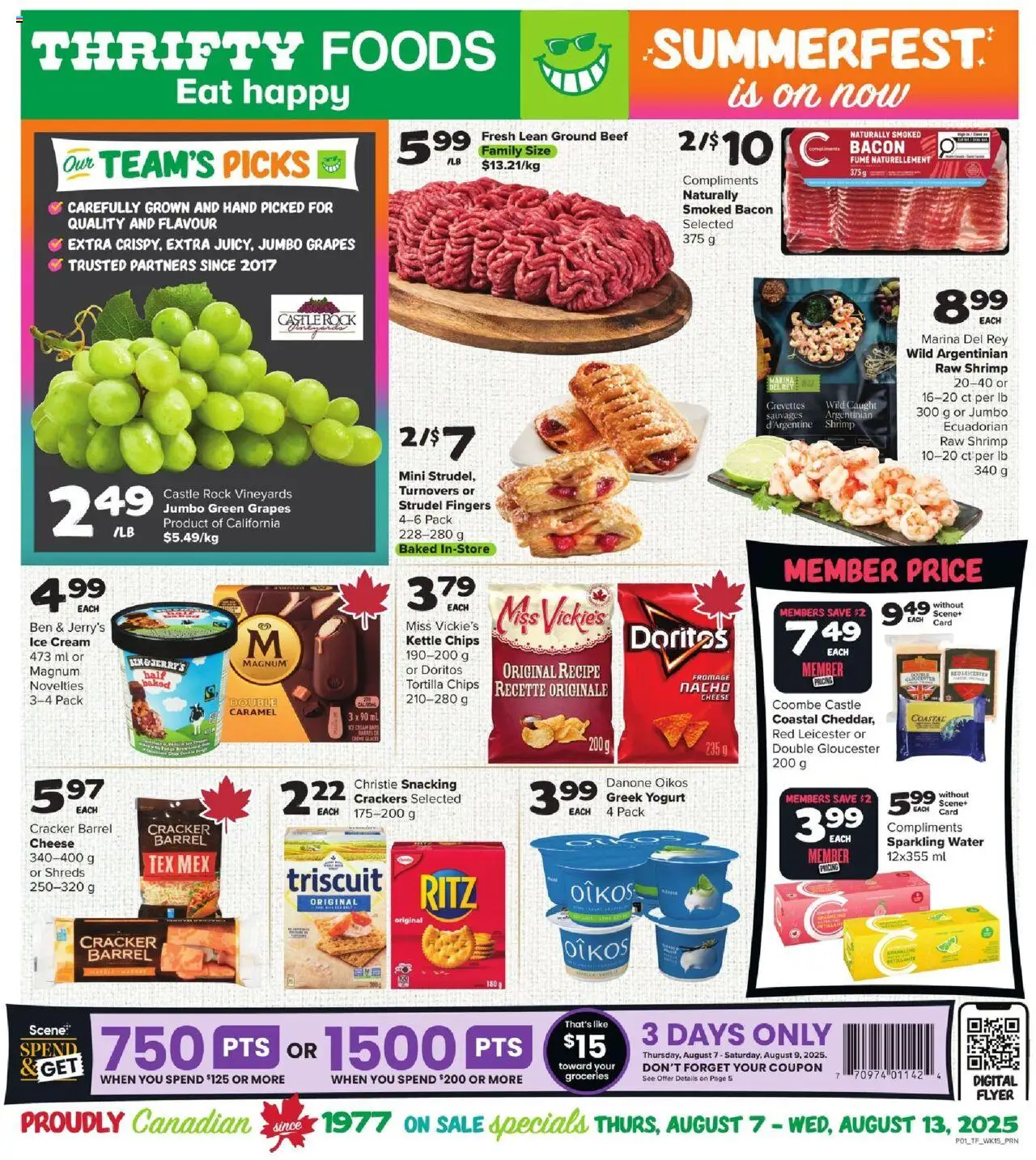 Thrifty Foods flyer valid from Aug 07, 2025 - page number 1 - Water, Cheese, Ice, Chips, Beef, Bacon, Cream, Magnum