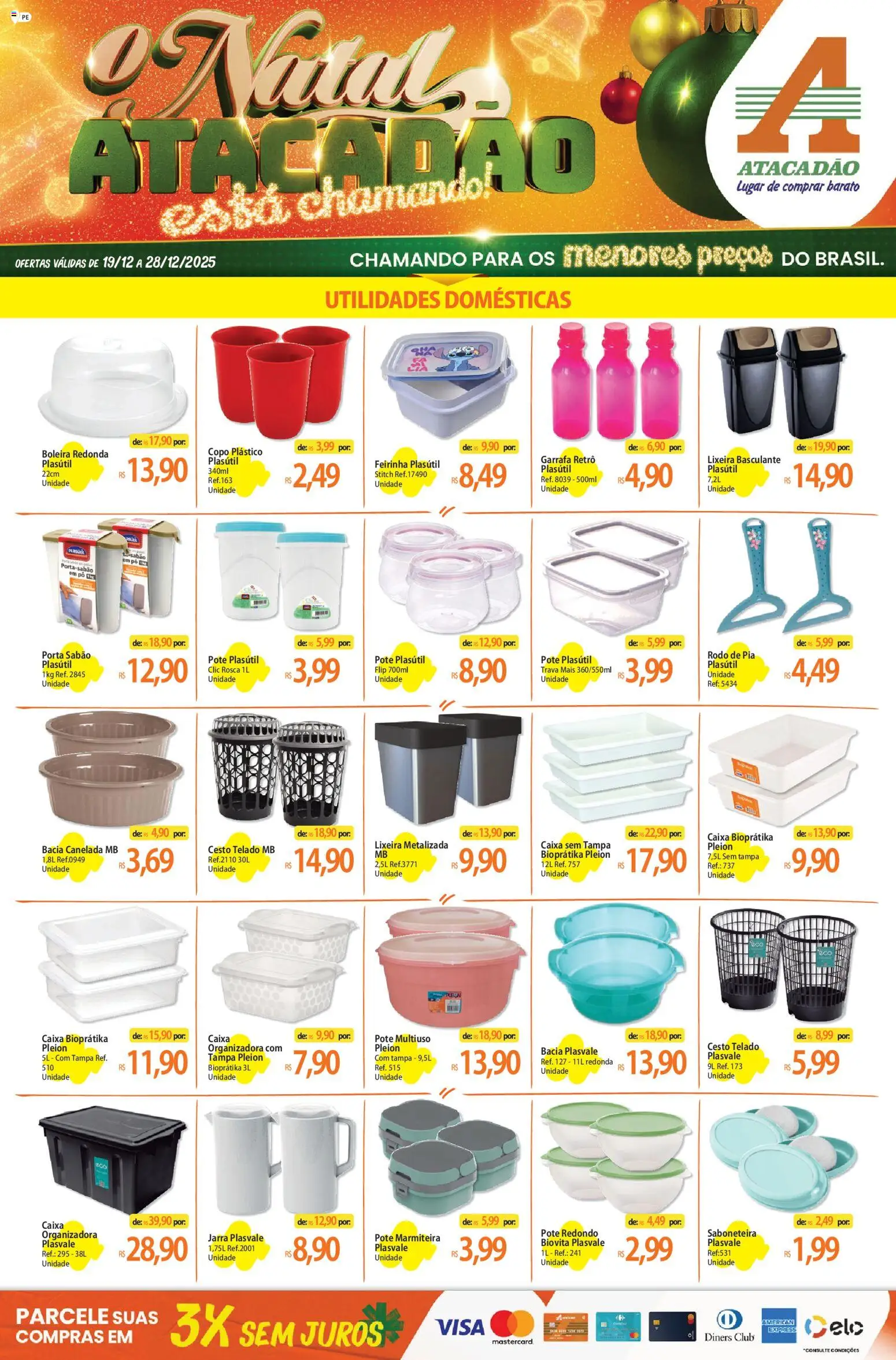 Pré-Visualização do folheto "Ofertas - PE" da loja Atacadão válido a partir de 19/12/2025 - Caixa, Porta, Lixeira, Pia, Pó, Boleira, Rodo, Jarra