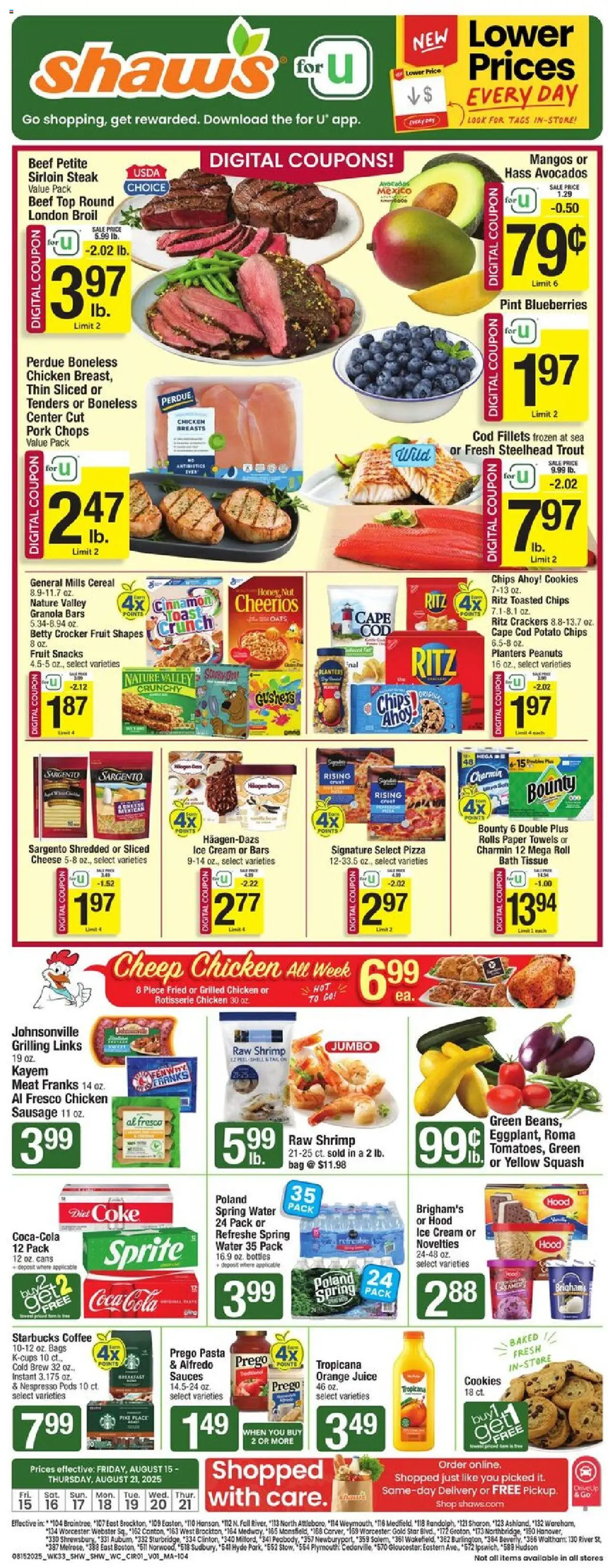 Shaw's Weekly Ad from 08/15/2025 - Flyer - Page number 1 - Pizza, Snacks, Cereal, Sausage, Sprite, Beef, Sauces, Spring water